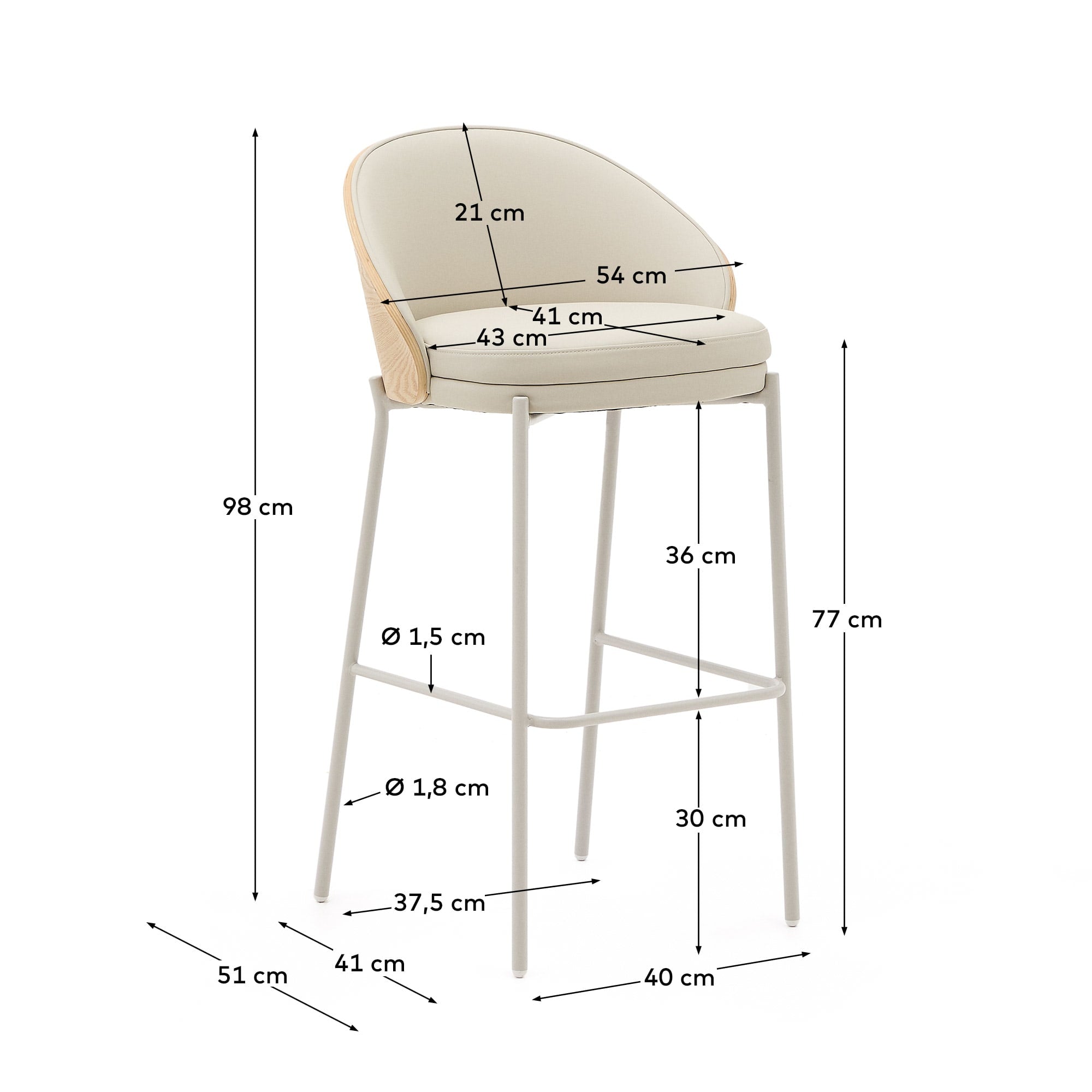 Eamy Hocker aus beigefarbenem Kunstleder, Eschenfurnier naturfarbenes Finish mit Metall 77cm in Beige präsentiert im Onlineshop von KAQTU Design AG. Hocker ist von Kave Home