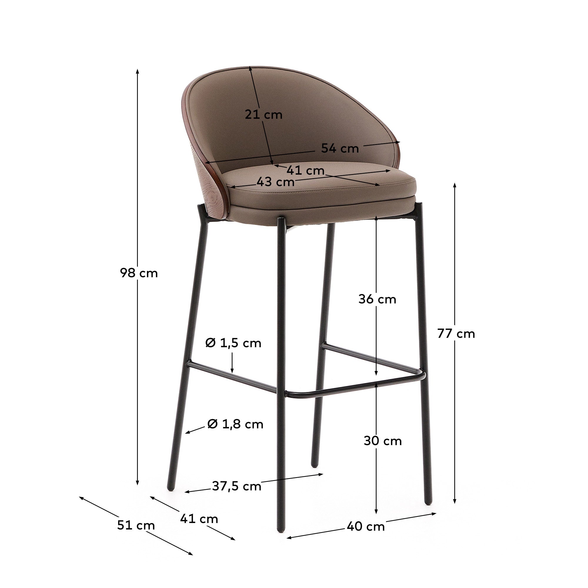 Eamy Hocker braunes Kunstleder, Eschenfurnier in Nussbaum-Finish mit Metall braun 77cm in Braun präsentiert im Onlineshop von KAQTU Design AG. Hocker ist von Kave Home