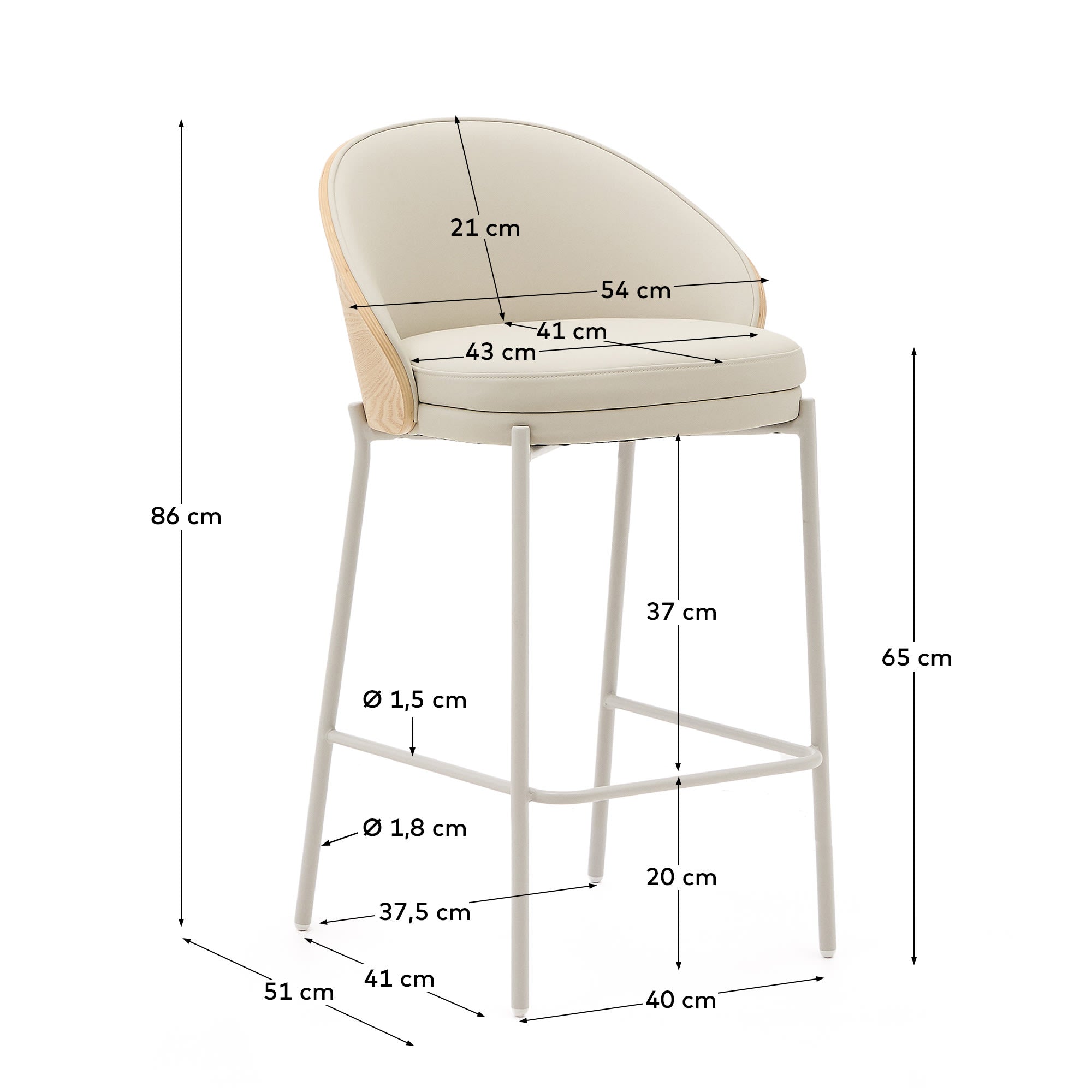 Eamy Hocker aus beigefarbenem Kunstleder, Eschenfurnier in naturfarbenem Finish mit Metall in Beige präsentiert im Onlineshop von KAQTU Design AG. Hocker ist von Kave Home