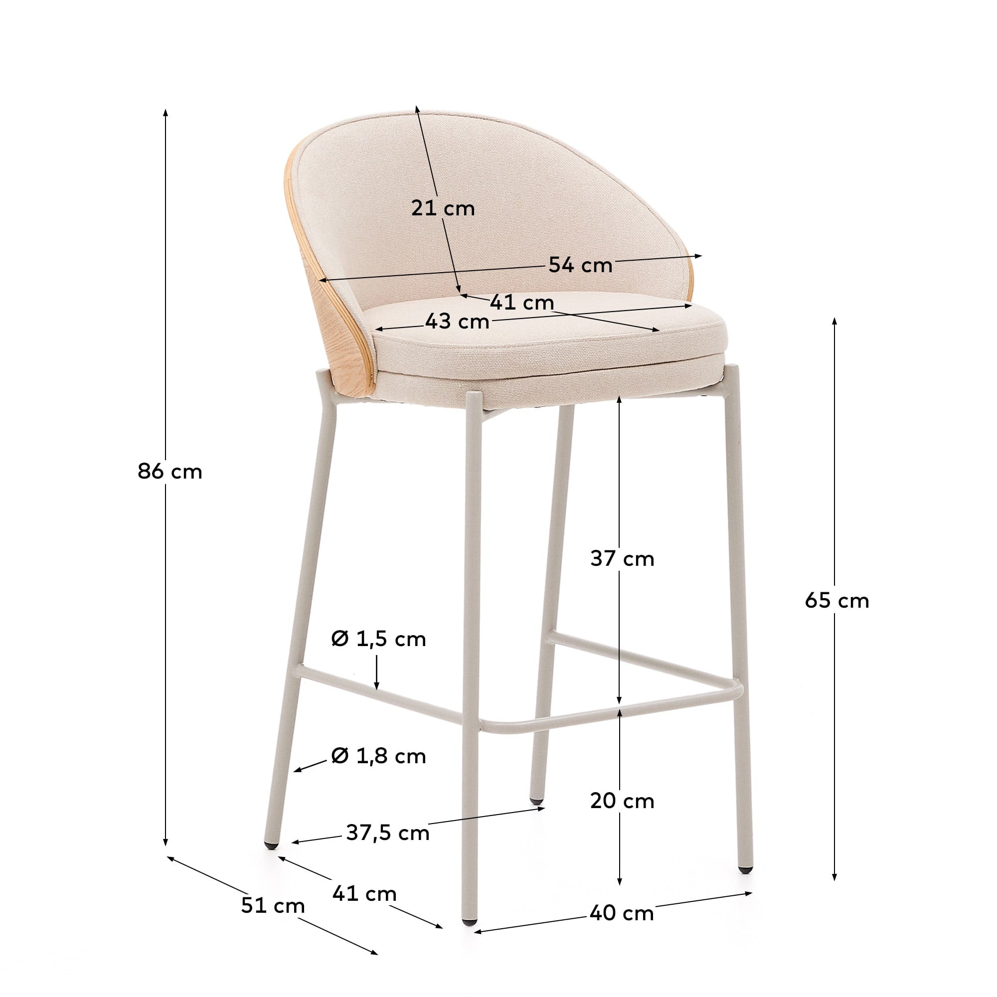 Hocker Eamy aus beigefarbenem Chenille, Eschenfurnier mit natürlichem Finish und beigefarbenem Metall, Höhe 65 cm in Beige präsentiert im Onlineshop von KAQTU Design AG. Hocker ist von Kave Home