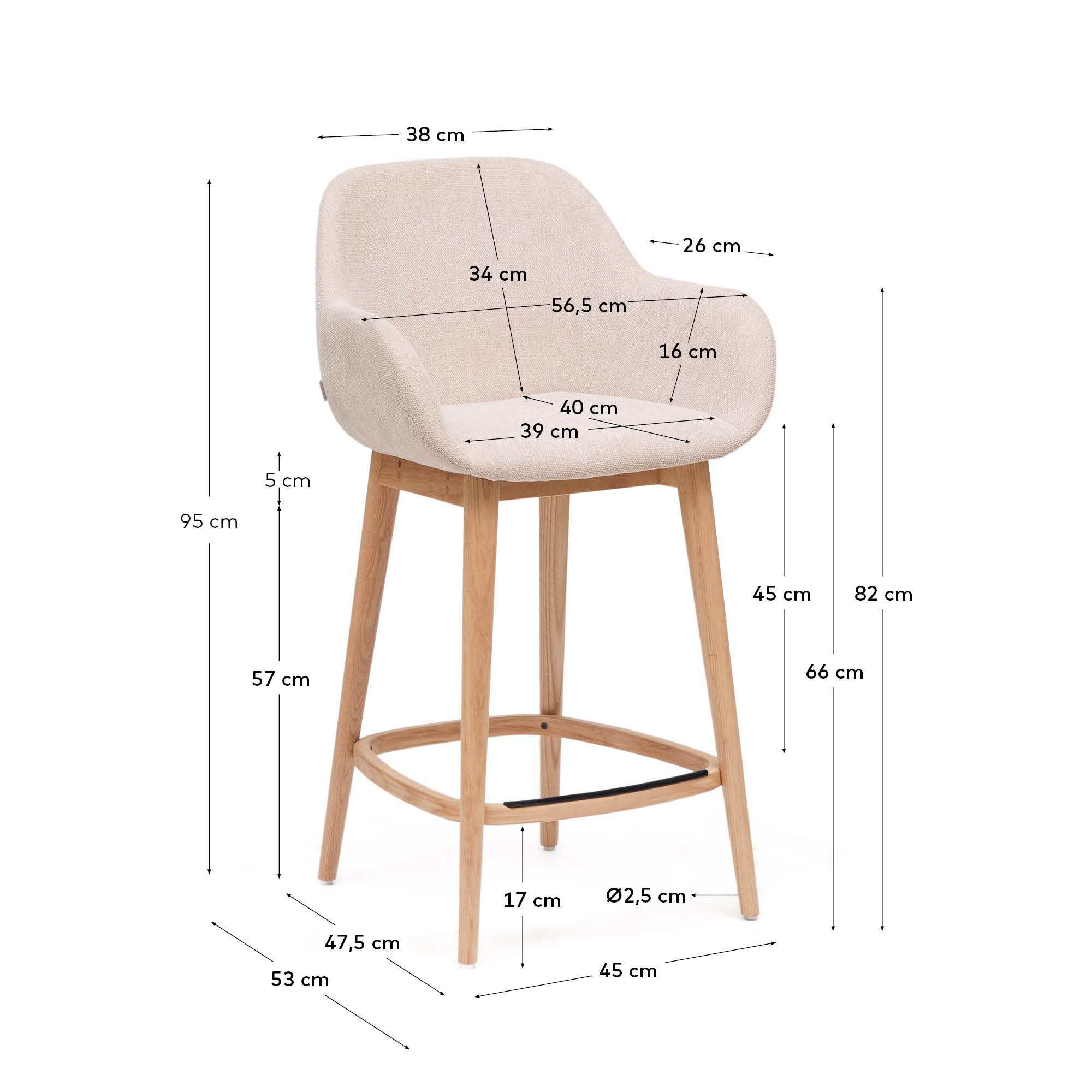 Beigefarbener Hocker Konna mit Beinen aus massivem Eschenholz, helles Finish 65 cm in Beige präsentiert im Onlineshop von KAQTU Design AG. Hocker ist von Kave Home