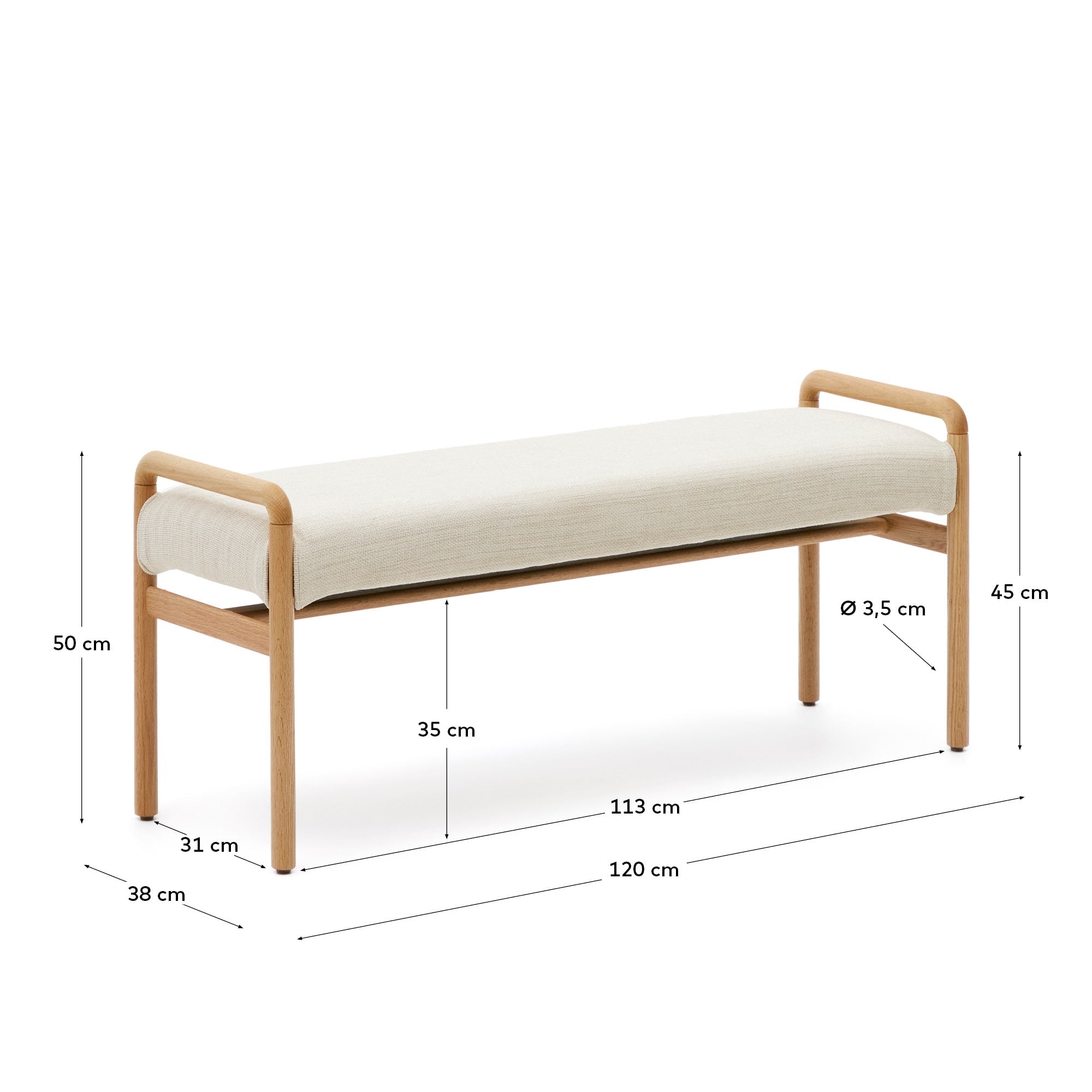 Macaret Polsterbank abnehmbarer Bezug massives Eichenholz Finish natur 120 cm FSC Mix Credit in Braun präsentiert im Onlineshop von KAQTU Design AG. Sitzbank ist von Kave Home