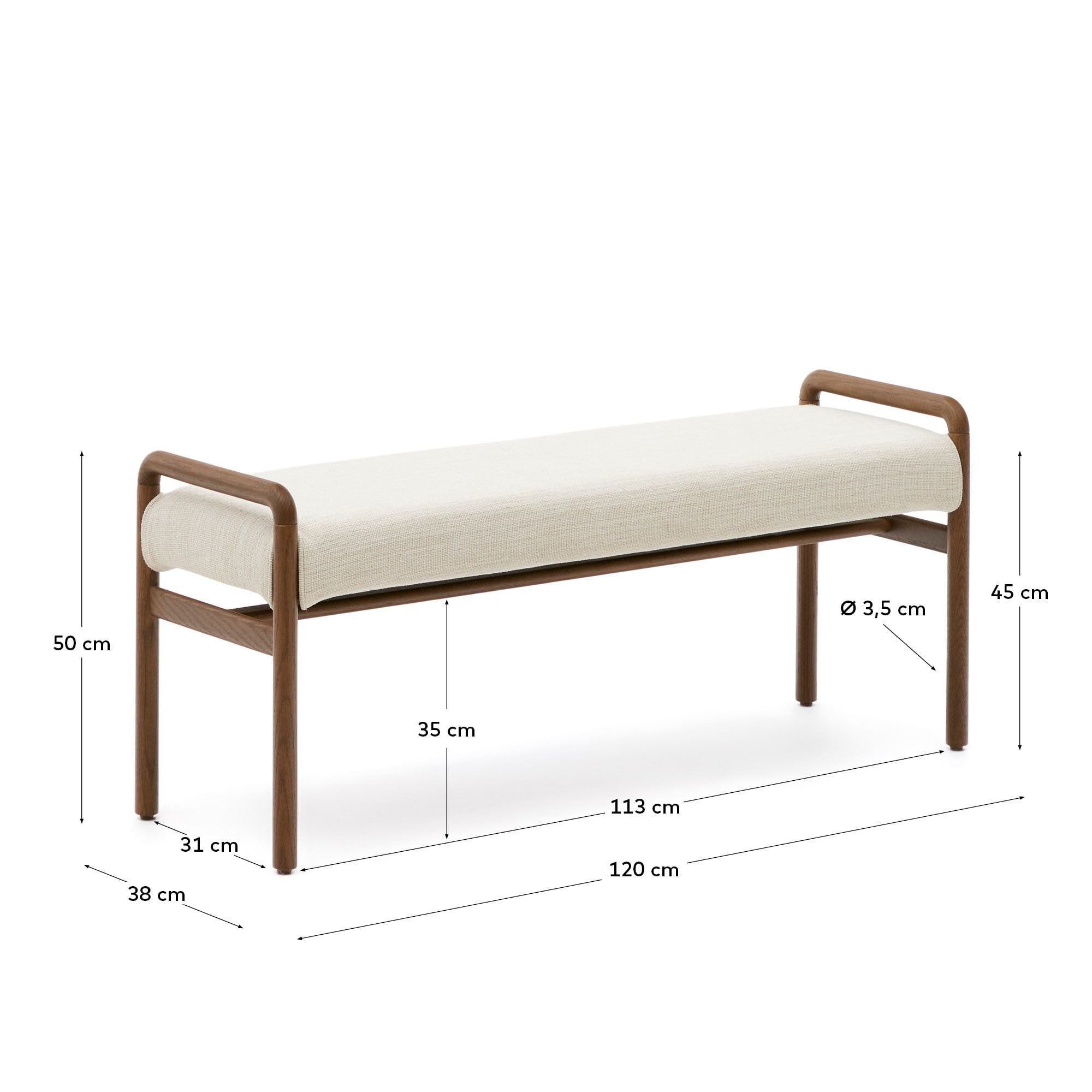 Macaret Polsterbank abnehmbarer Bezug massives Eichenholz Finish Nussbaum 120 cm FSC Mix Credit in Braun präsentiert im Onlineshop von KAQTU Design AG. Sitzbank ist von Kave Home