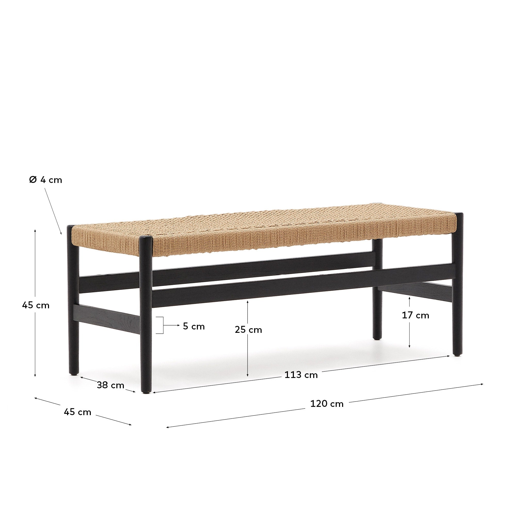 Zaide Bank aus massivem Eichenholz mit schwarzem Finish und Seilsitzfläche FSC 100% 120 cm in Schwarz präsentiert im Onlineshop von KAQTU Design AG. Sitzbank ist von Kave Home