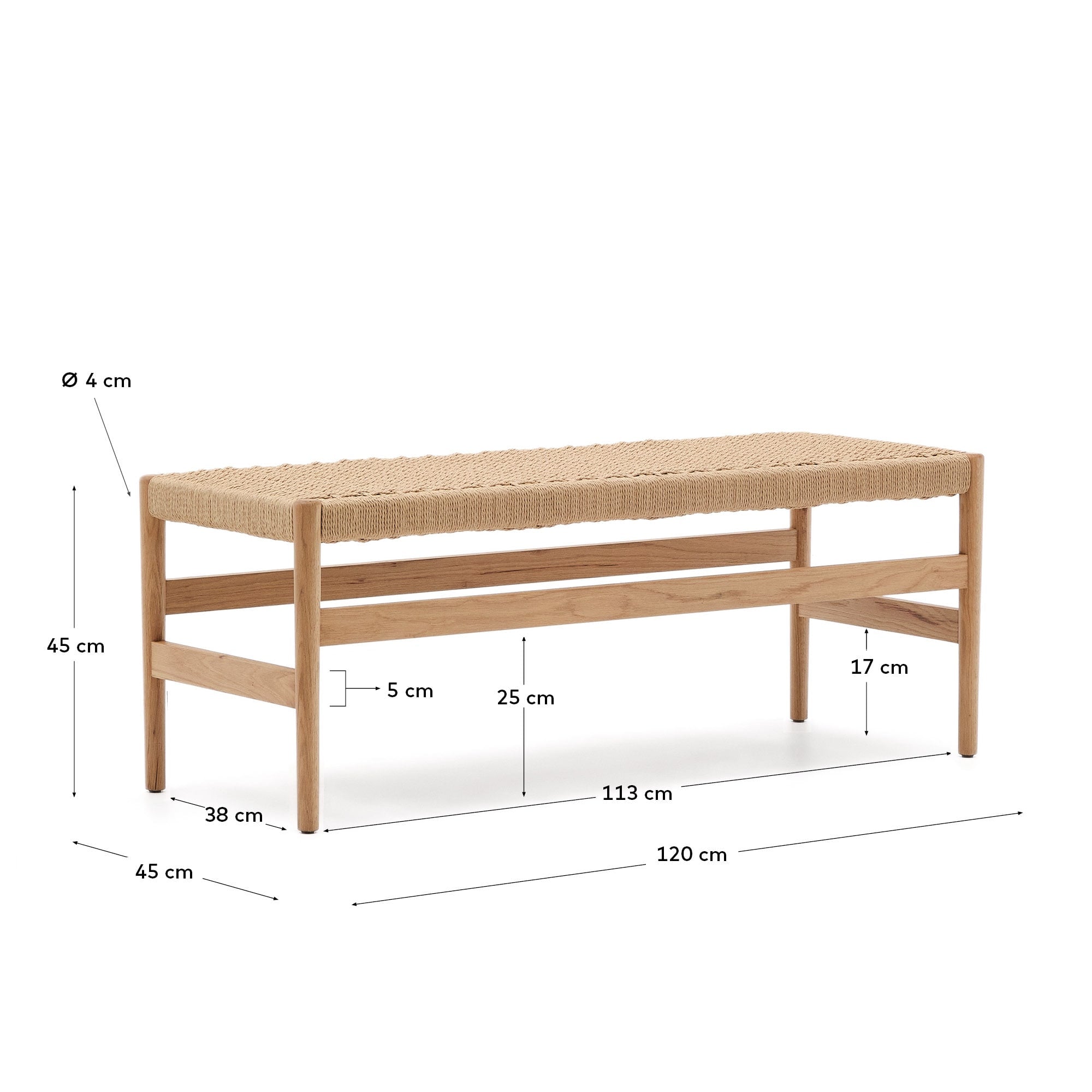 Zaide Bank aus massivem Eichenholz mit naturfarbenem Finish und Seilsitzfläche FSC 100% 120 cm in Braun präsentiert im Onlineshop von KAQTU Design AG. Sitzbank ist von Kave Home