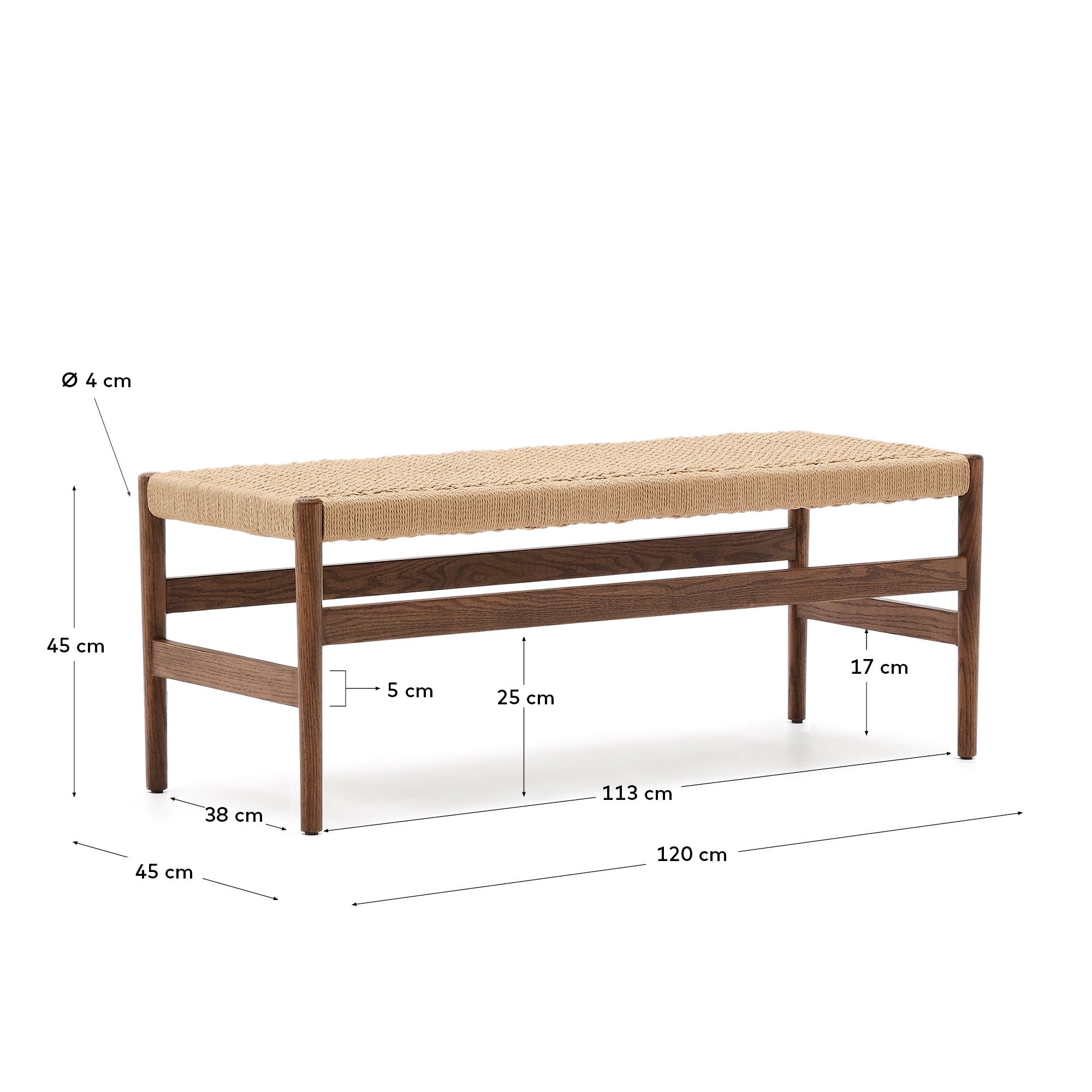 Zaide Bank aus massivem Eichenholz mit Nussbaum-Finish und Seilsitzfläche FSC 100% 120 cm in Braun präsentiert im Onlineshop von KAQTU Design AG. Sitzbank ist von Kave Home