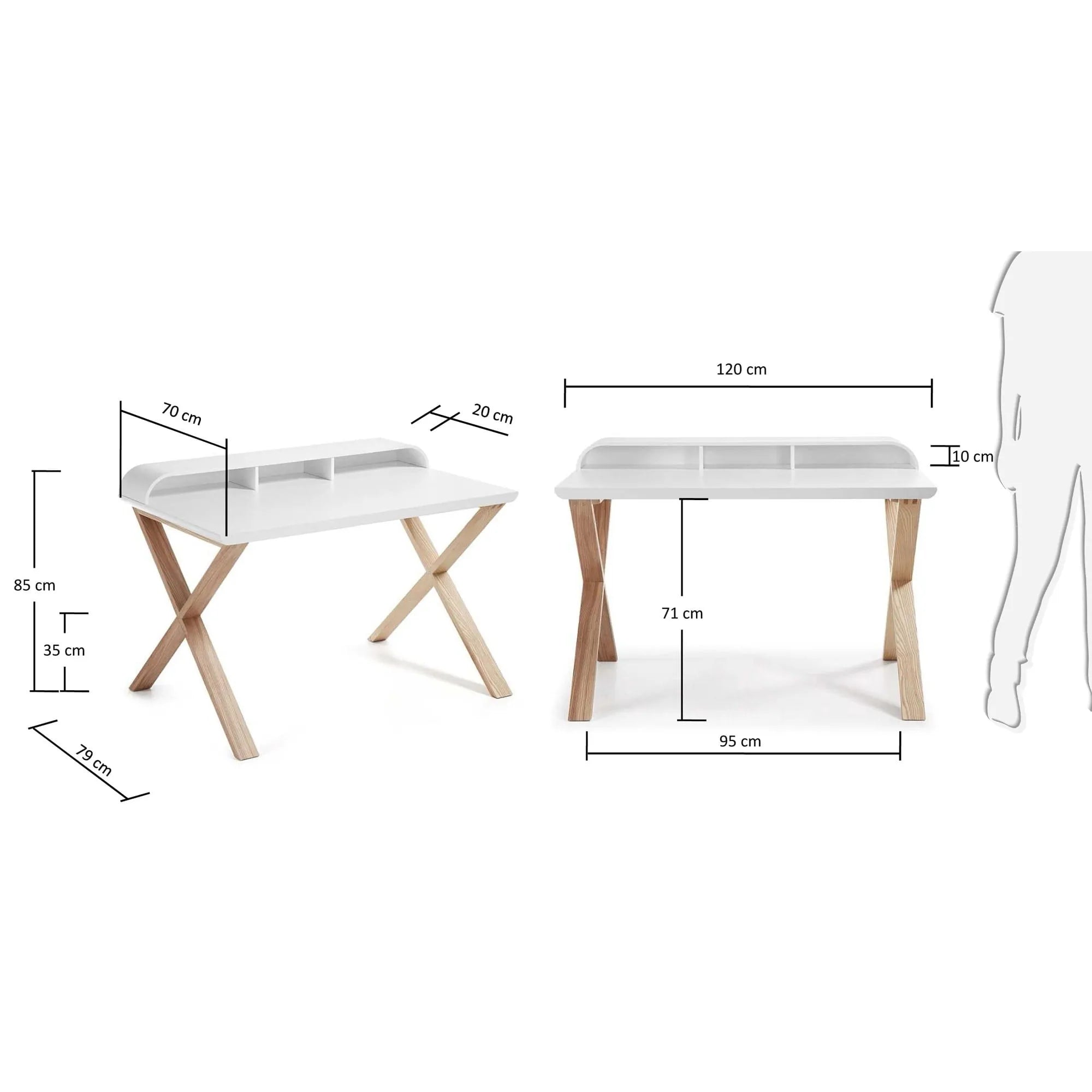 Moderner Tisch mit weißer Melaminplatte und stabilen Eschenholzbeinen, ideal für stilvolle Wohnräume.