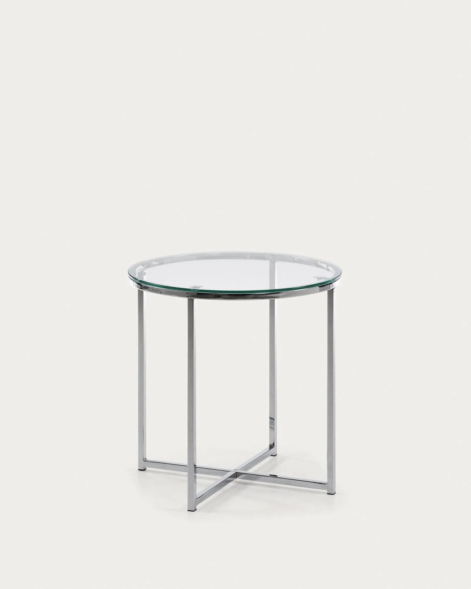 Eleganter Beistelltisch mit Ø 50 cm, gehärtetem Glas und verchromtem Stahl. Ideal für Wohnzimmer, Schlafzimmer oder Flur.