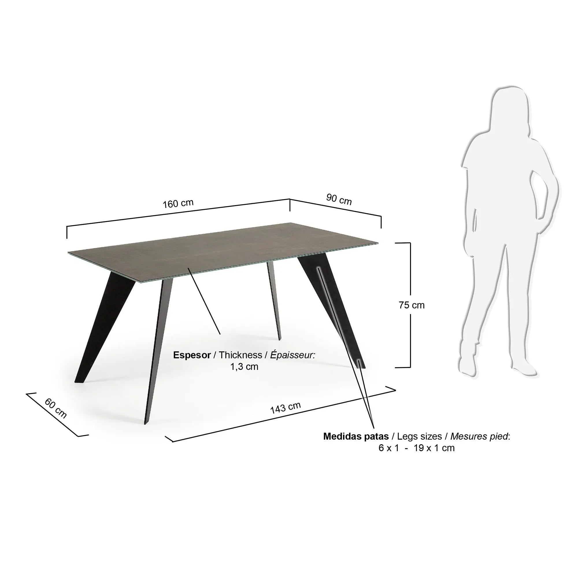 Der Koda Tisch vereint modernes Design mit Funktionalität: Feinsteinzeugplatte in Iron Moss, stabile schwarze Stahlbeine, ideal für 6 Personen.