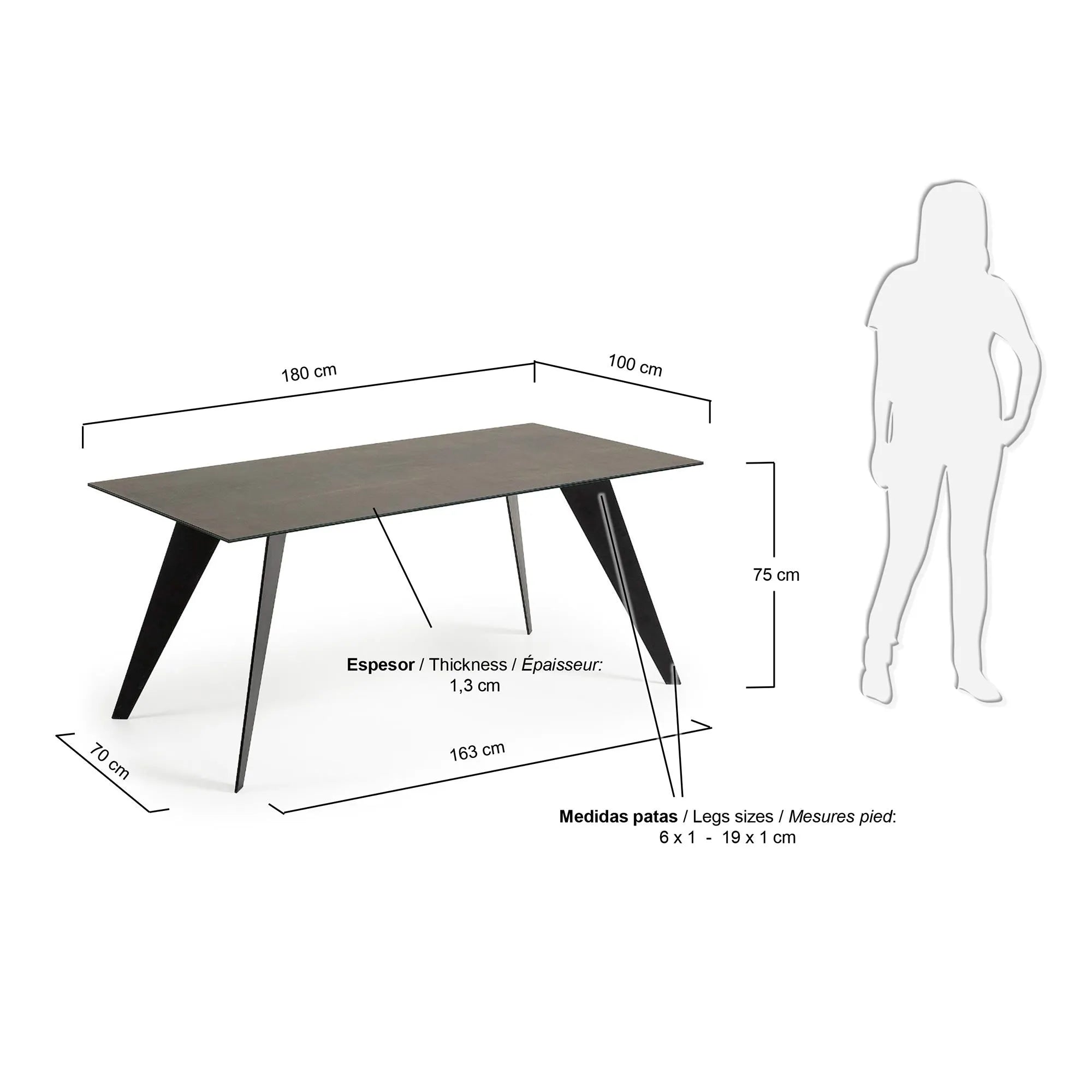 Eleganter Koda Tisch: Feinsteinzeug in Iron Moss, schwarze Stahlbeine, 180x100 cm. Modern, robust, ideal für gesellige Runden.