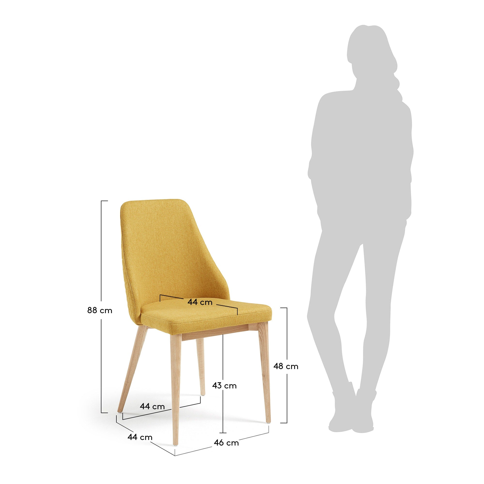 Rosie Stuhl senf mit Beinen aus massivem Eschenholz mit natürlichem Finish in Senfgelb präsentiert im Onlineshop von KAQTU Design AG. Stuhl ist von Kave Home