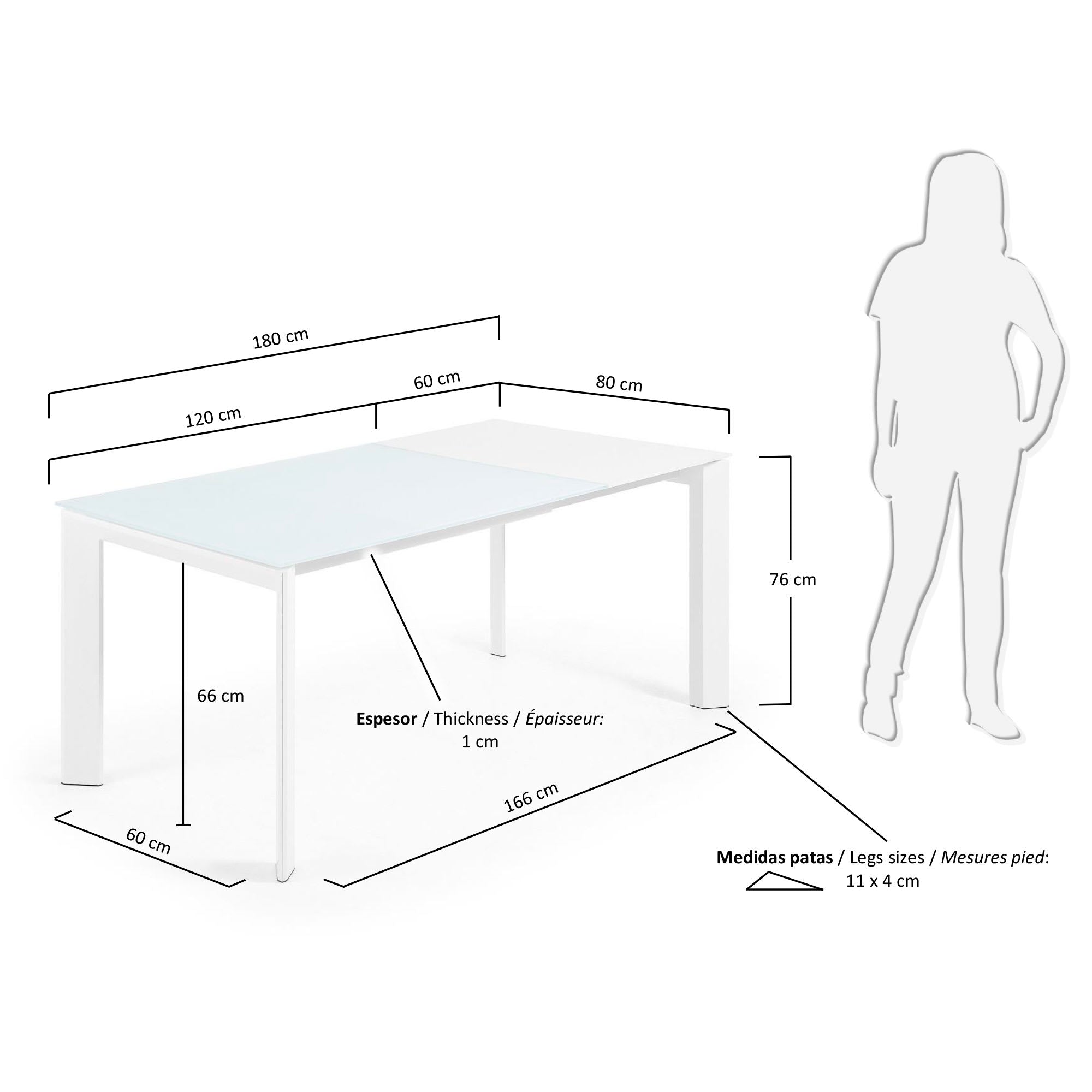 Axis Ausziehtisch aus Glas weiss und Stahlbeine mit weissem Finish 120 (180) cm in Weiß präsentiert im Onlineshop von KAQTU Design AG. Esstisch ist von Kave Home