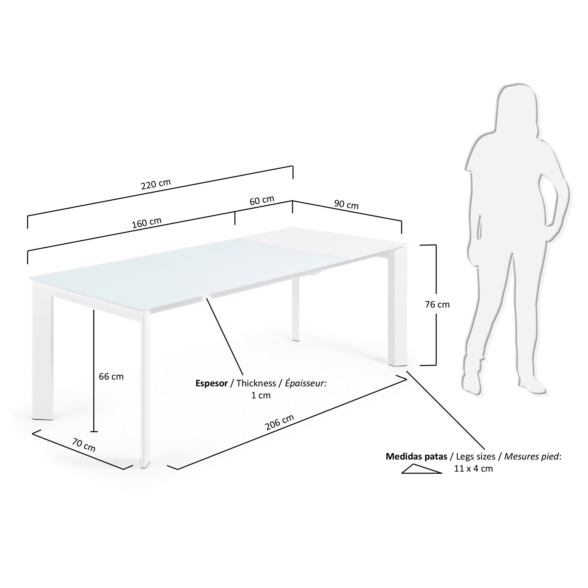 Axis Ausziehtisch aus Glas weiss und Stahlbeine mit weissem Finish 160 (220) cm in Weiß präsentiert im Onlineshop von KAQTU Design AG. Esstisch ist von Kave Home