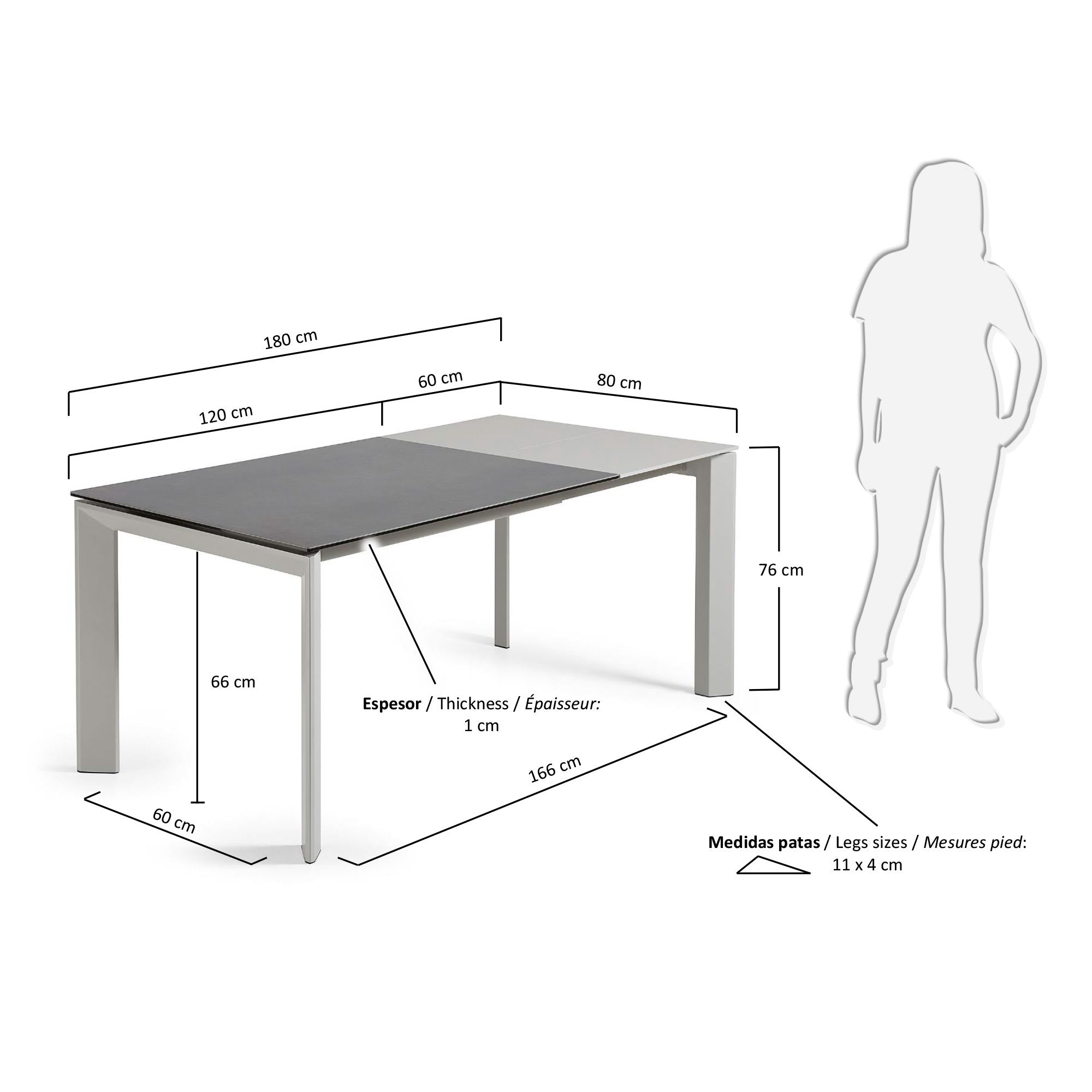 Axis Ausziehtisch Feinsteinzeug Vulcano Roca Finish Beine in Grau 120 (180) cm in Grau präsentiert im Onlineshop von KAQTU Design AG. Esstisch ist von Kave Home