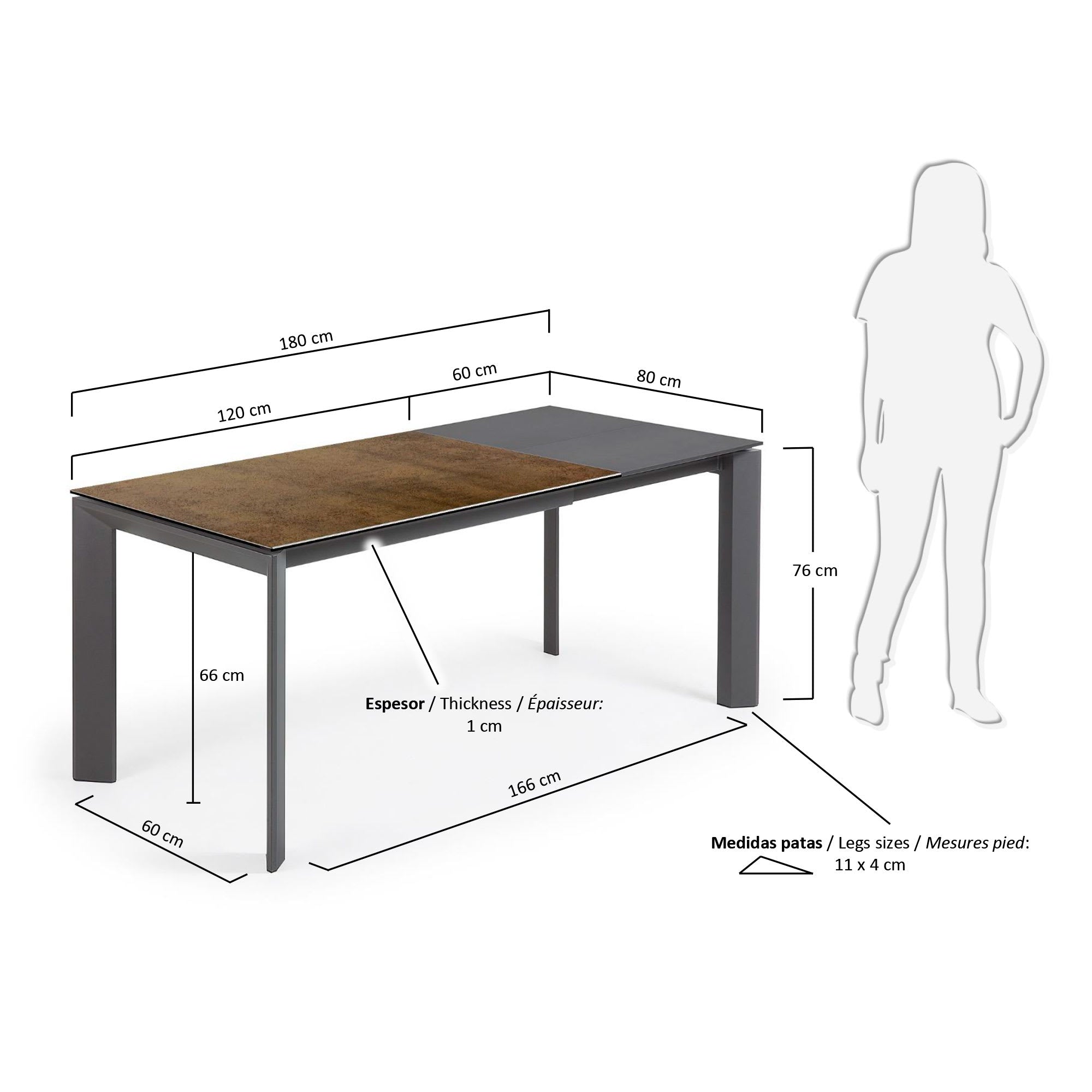 Axis Ausziehtisch Feinsteinzeug Iron Corten Finish und Beine in Dunkelgrau 120 (180) cm in Braun präsentiert im Onlineshop von KAQTU Design AG. Esstisch ist von Kave Home