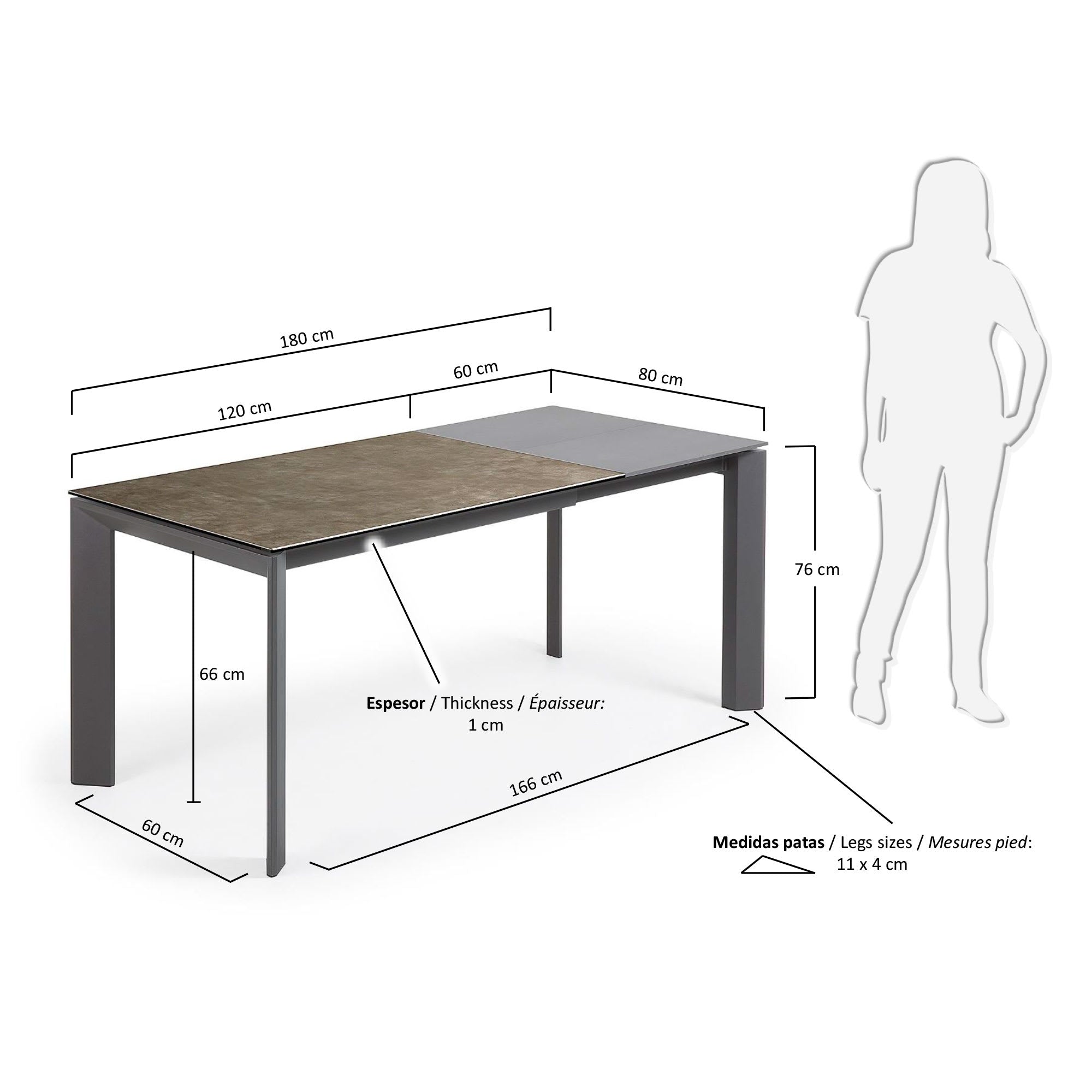 Axis Ausziehtisch Feinsteinzeug Vulcano Ceniza Finish Stahlbeine Anthrazit  120(180)cm in Grau präsentiert im Onlineshop von KAQTU Design AG. Esstisch ist von Kave Home