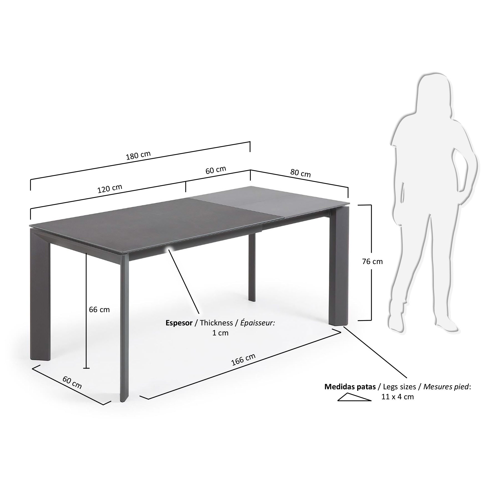 Axis Ausziehtisch Feinsteinzeug Vulcano Roca Finish Stahlbeine in Dunkelgrau 120 (180) cm in Grau präsentiert im Onlineshop von KAQTU Design AG. Esstisch ist von Kave Home