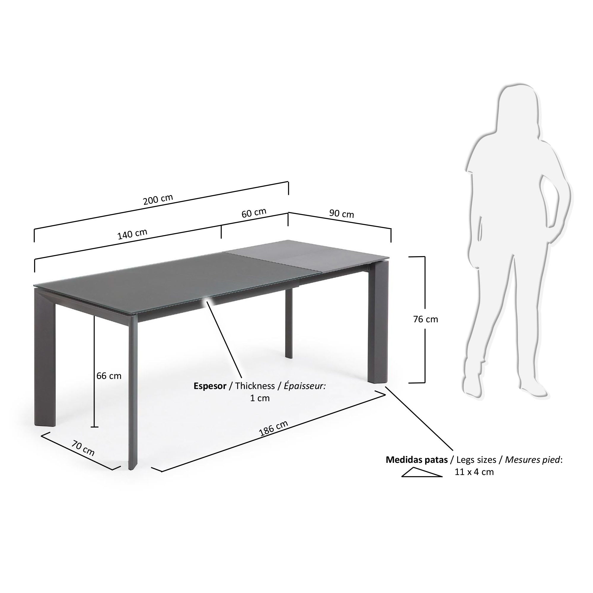 Axis Ausziehtisch aus Glas grau und Stahlbeine mit Finish in Dunkelgrau 140 (200) cm in Grau präsentiert im Onlineshop von KAQTU Design AG. Esstisch ist von Kave Home