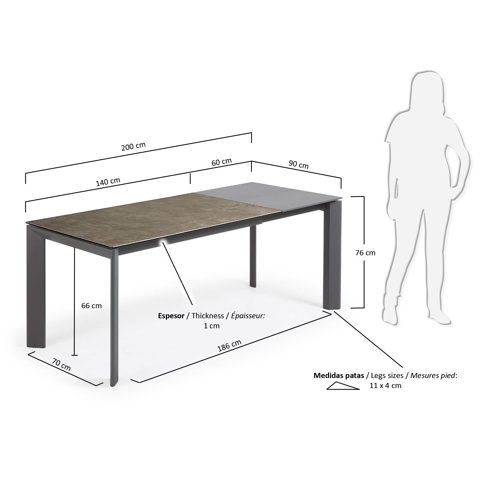 Axis Ausziehtisch Feinsteinzeug Vulcano Ceniza Finish Stahlbeine in Anthrazit 140 (200) cm in Grau präsentiert im Onlineshop von KAQTU Design AG. Esstisch ist von Kave Home