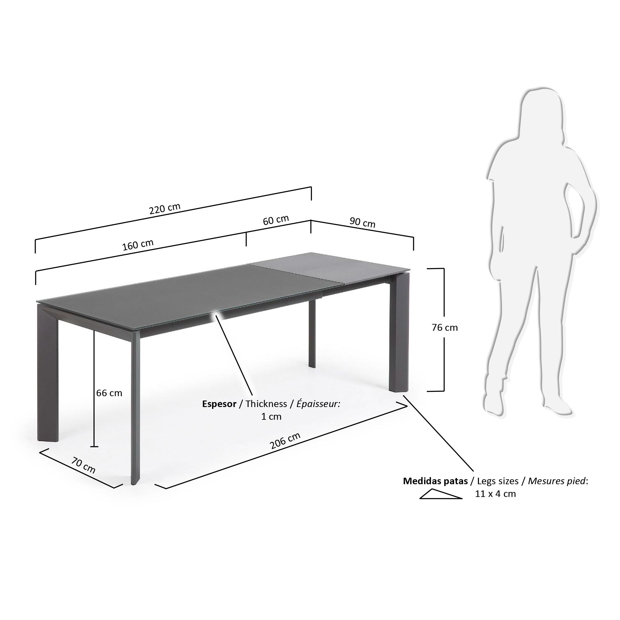 Axis Ausziehtisch aus Glas grau und Stahlbeine mit Finish in Dunkelgrau 160 (220) cm in Grau präsentiert im Onlineshop von KAQTU Design AG. Esstisch ist von Kave Home