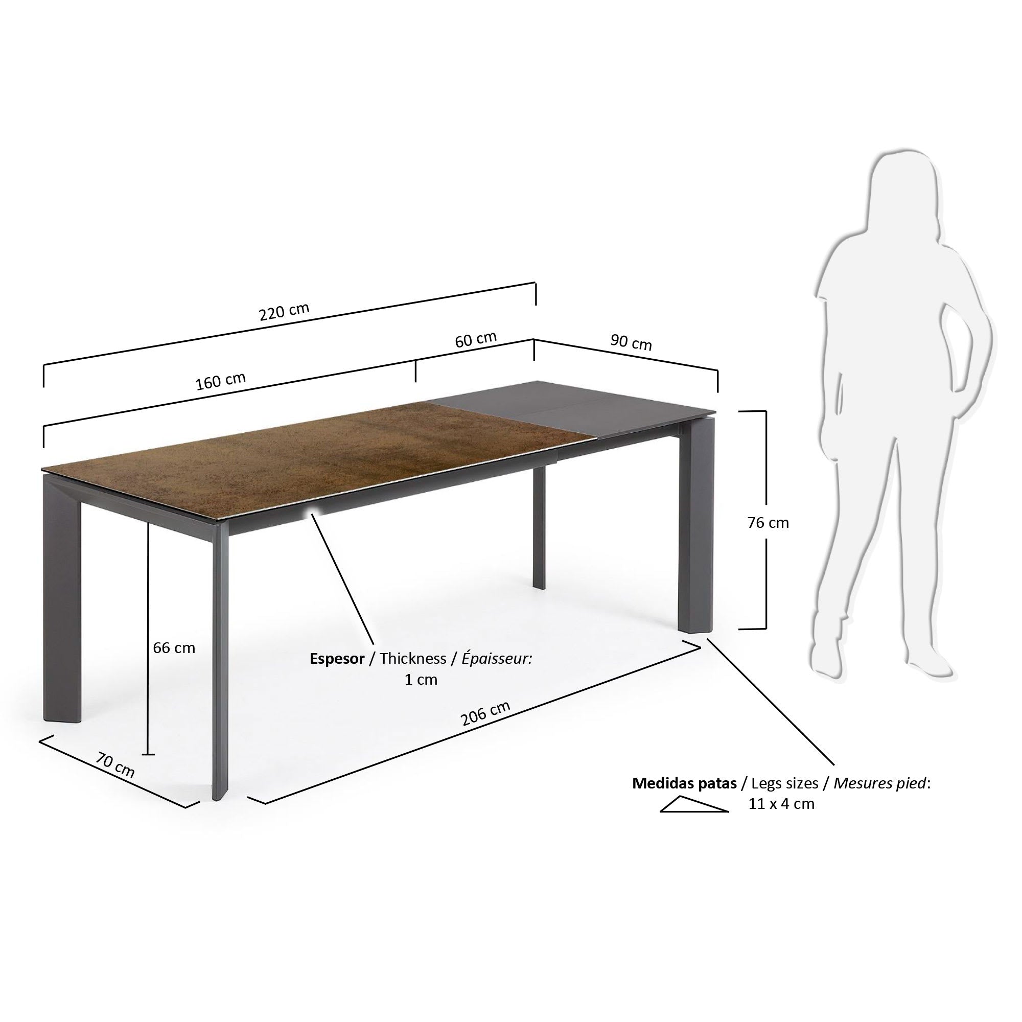 Axis Ausziehtisch Feinsteinzeug mit Iron Corten Finish Beine in Dunkelgrau 160 (220) cm in Braun präsentiert im Onlineshop von KAQTU Design AG. Esstisch ist von Kave Home