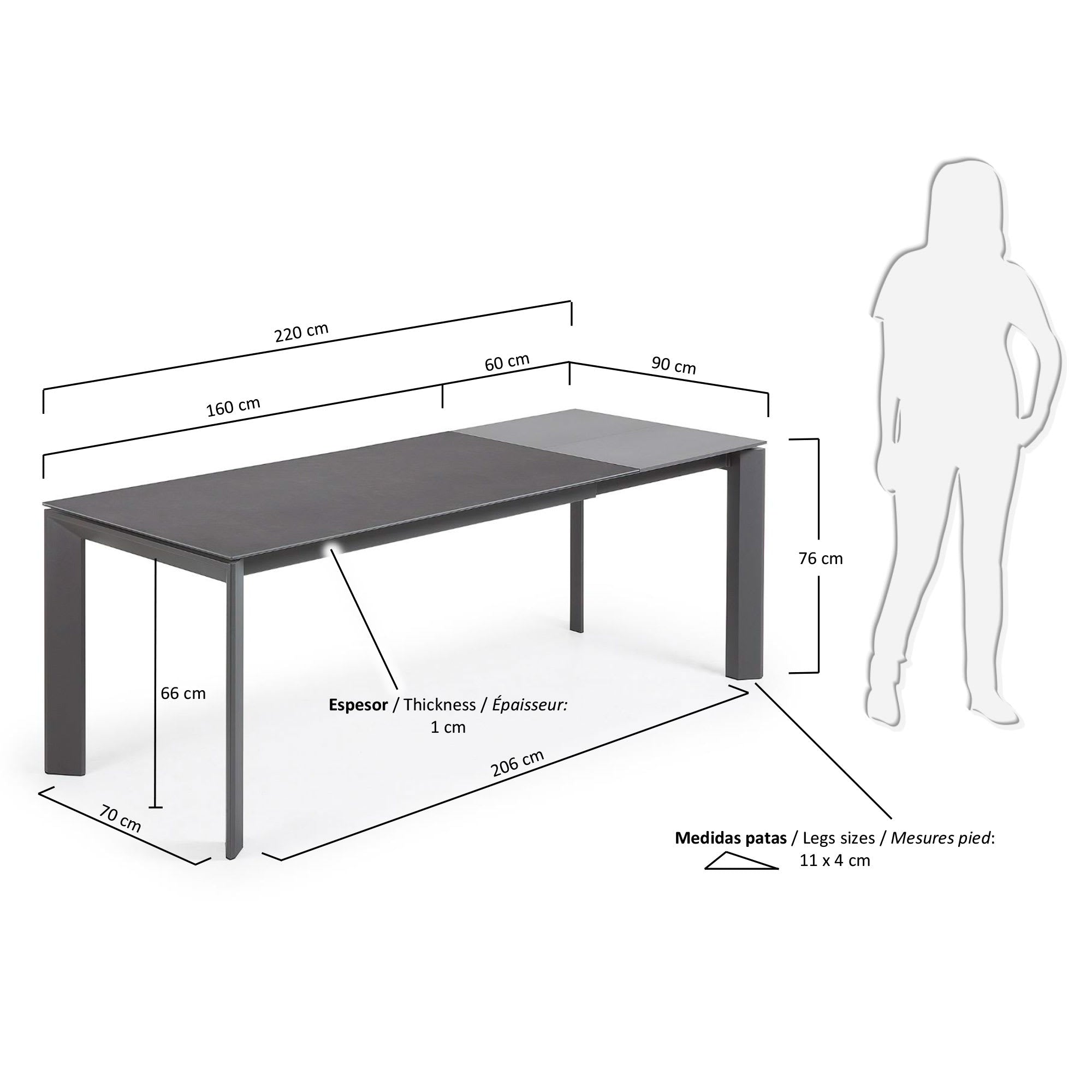 Axis Ausziehtisch Feinsteinzeug mit Vulcano Roca Finish Beine in Dunkelgrau 160 (220) cm in Grau präsentiert im Onlineshop von KAQTU Design AG. Esstisch ist von Kave Home