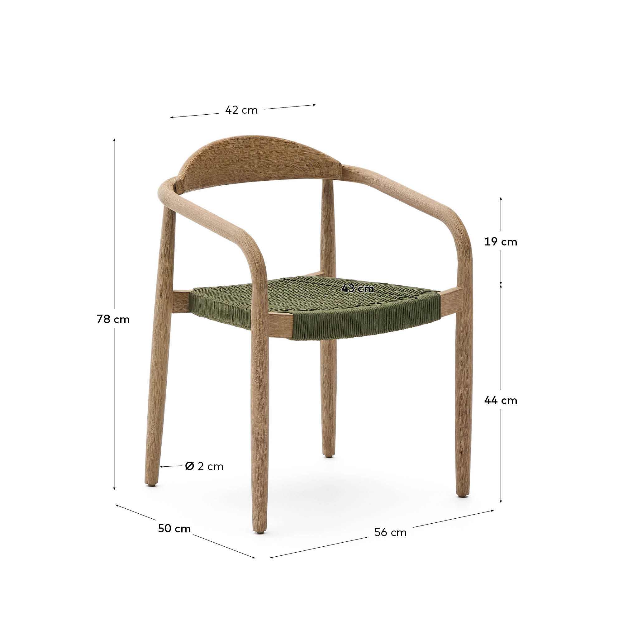 Stapelbarer Stuhl Nina aus massivem Akazienholz und grünem Seil FSC 100% in Dunkelgrün präsentiert im Onlineshop von KAQTU Design AG. Gartenstuhl ist von Kave Home