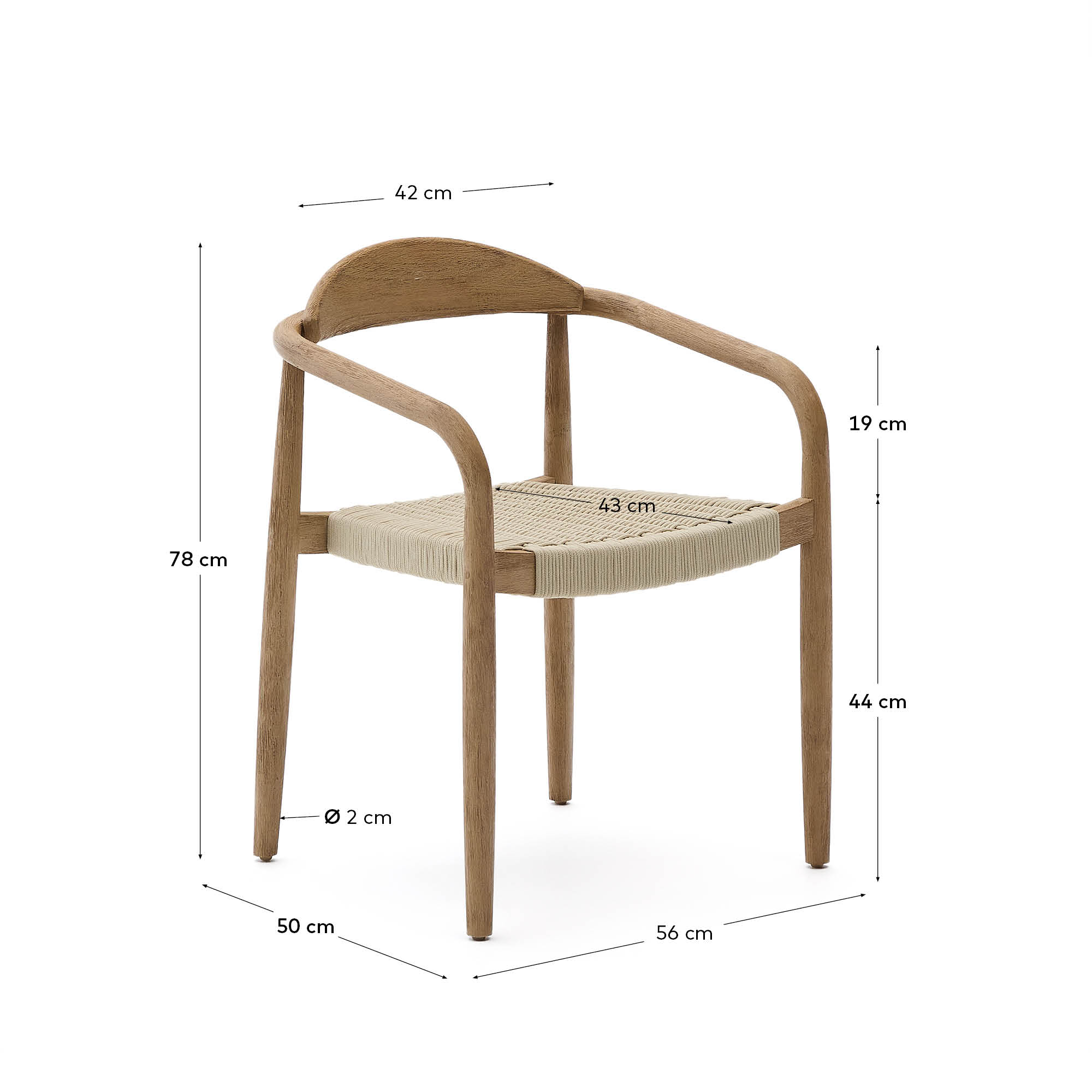 Stapelbarer Stuhl Nina aus massivem Akazienholz und écrufarbenem Seil FSC 100% in Natur präsentiert im Onlineshop von KAQTU Design AG. Gartenstuhl ist von Kave Home