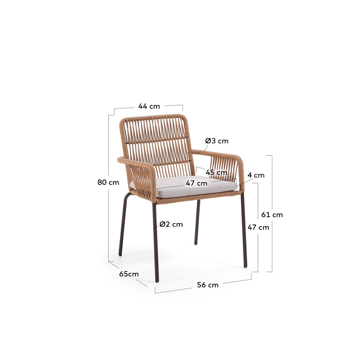 Samanta stapelbarer Seilstuhl Beige und Beine aus verzinktem Stahl in Beige, Grau präsentiert im Onlineshop von KAQTU Design AG. Gartenstuhl mit Armlehnen ist von Kave Home