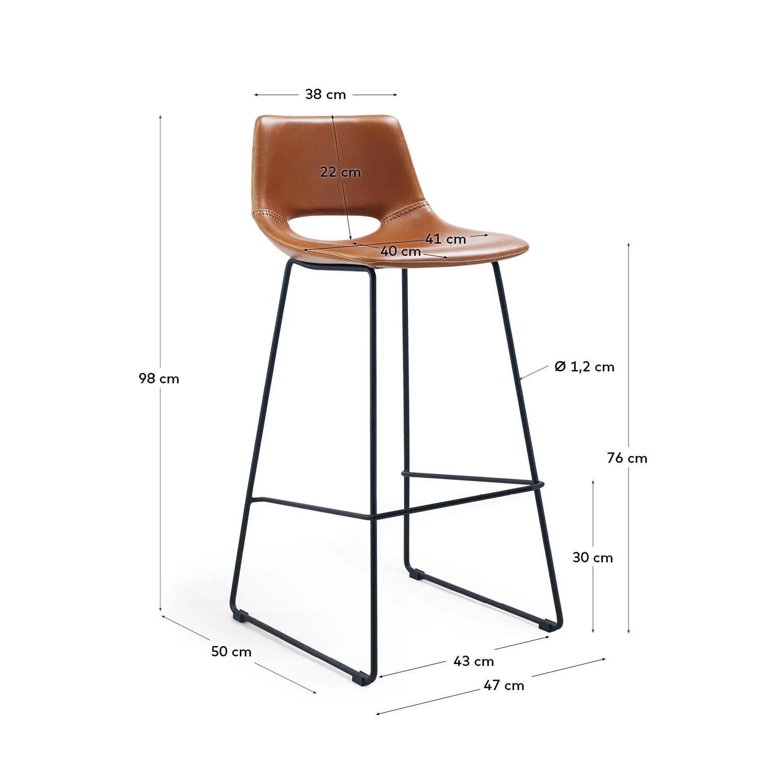 Zahara Barhocker aus Kunstleder braun und Stahl mit schwarzem Finish Höhe 76 cm in Braun, Schwarz präsentiert im Onlineshop von KAQTU Design AG. Barhocker ist von Kave Home