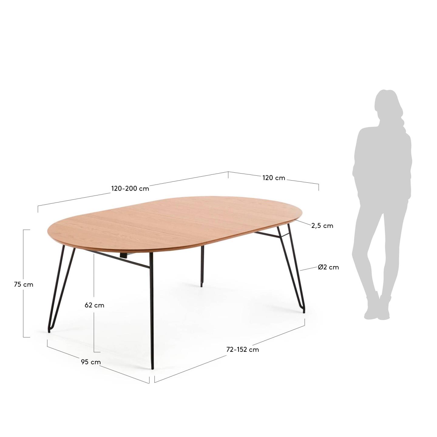 Novac ausziehbarer runder Tisch Ø 120 (200) mit Eichenfurnier und schwarzen Stahlbeinen in Braun präsentiert im Onlineshop von KAQTU Design AG. Esstisch ist von Kave Home