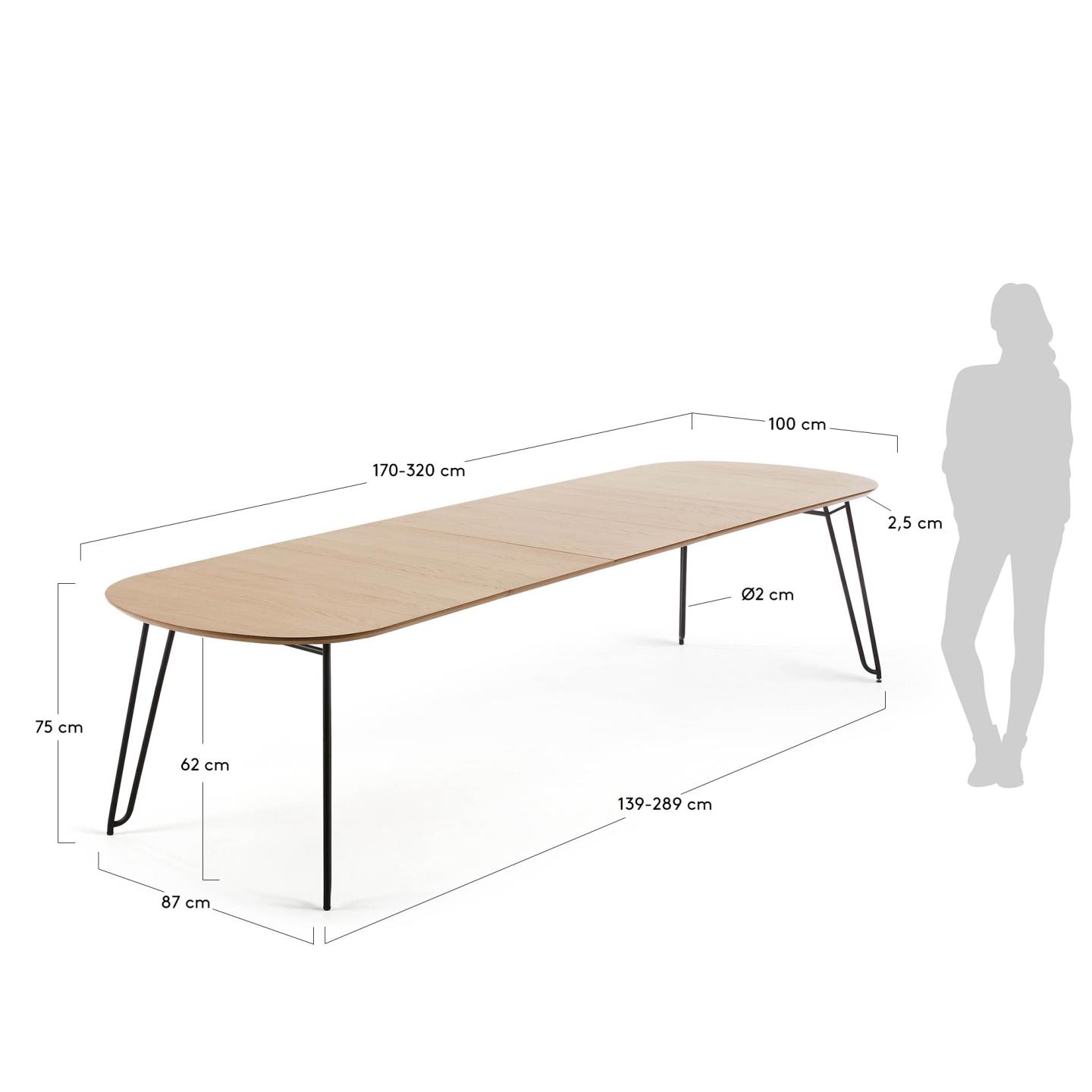 Novac ausziehbarer Tisch 170 (320) x 100 cm mit Eichenfurnier und schwarzen Stahlbeinen in Braun präsentiert im Onlineshop von KAQTU Design AG. Esstisch ist von Kave Home