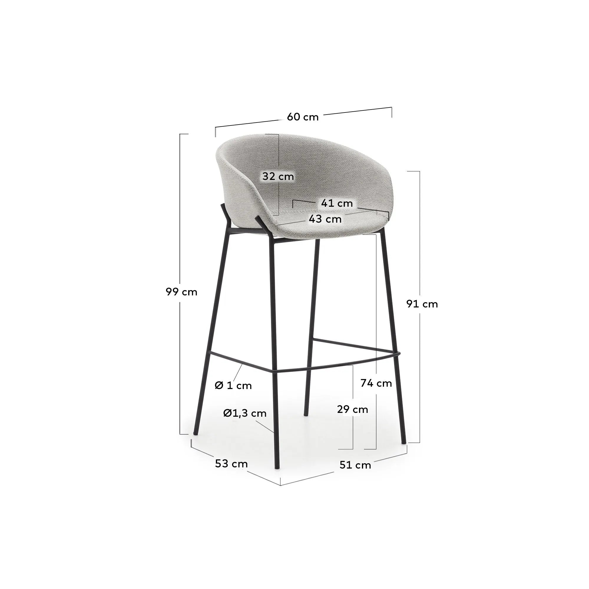 Eleganter Hocker mit hellgrauer Sitzfläche und schwarzen Stahlbeinen, ideal für Bartische. Pflegeleicht und stilvoll.