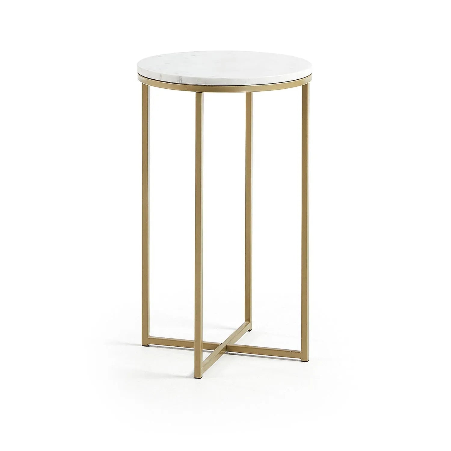 Eleganter Sheffield Beistelltisch: Weißer Marmor, goldene Stahlbeine, Ø 43 cm. Perfekt für modernes Ambiente.