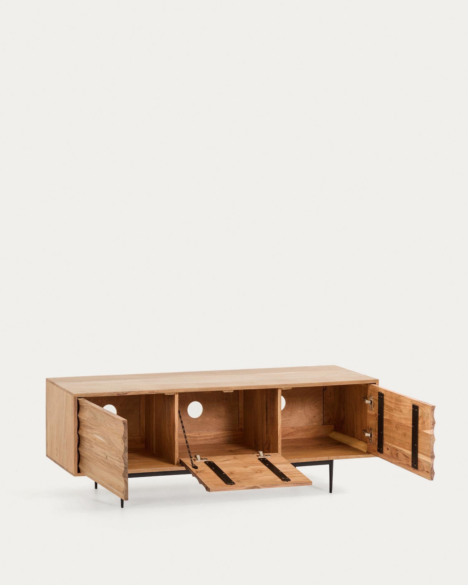 Delsie TV-Schrank 3 Türen aus massivem Akazienholz und Stahl in Schwarz 147 x 50 cm in Braun präsentiert im Onlineshop von KAQTU Design AG. Sideboard ist von Kave Home