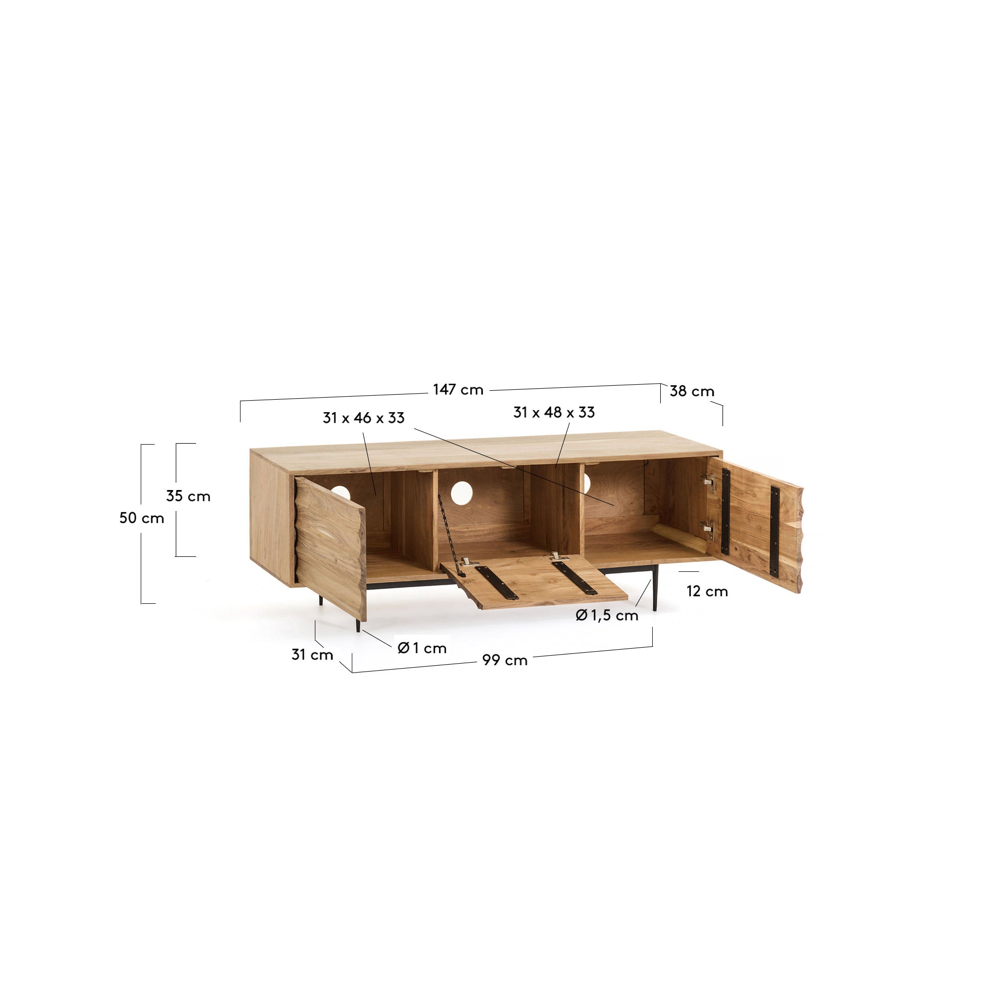 Delsie TV-Schrank 3 Türen aus massivem Akazienholz und Stahl in Schwarz 147 x 50 cm in Braun präsentiert im Onlineshop von KAQTU Design AG. Sideboard ist von Kave Home