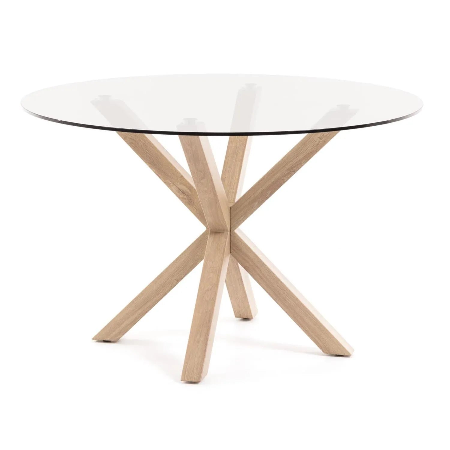 Argo runder Tisch aus Glas und Stahlbeine mit Holzoptik Ø 119 cm in Klar, Natur präsentiert im Onlineshop von KAQTU Design AG. Esstisch ist von Kave Home