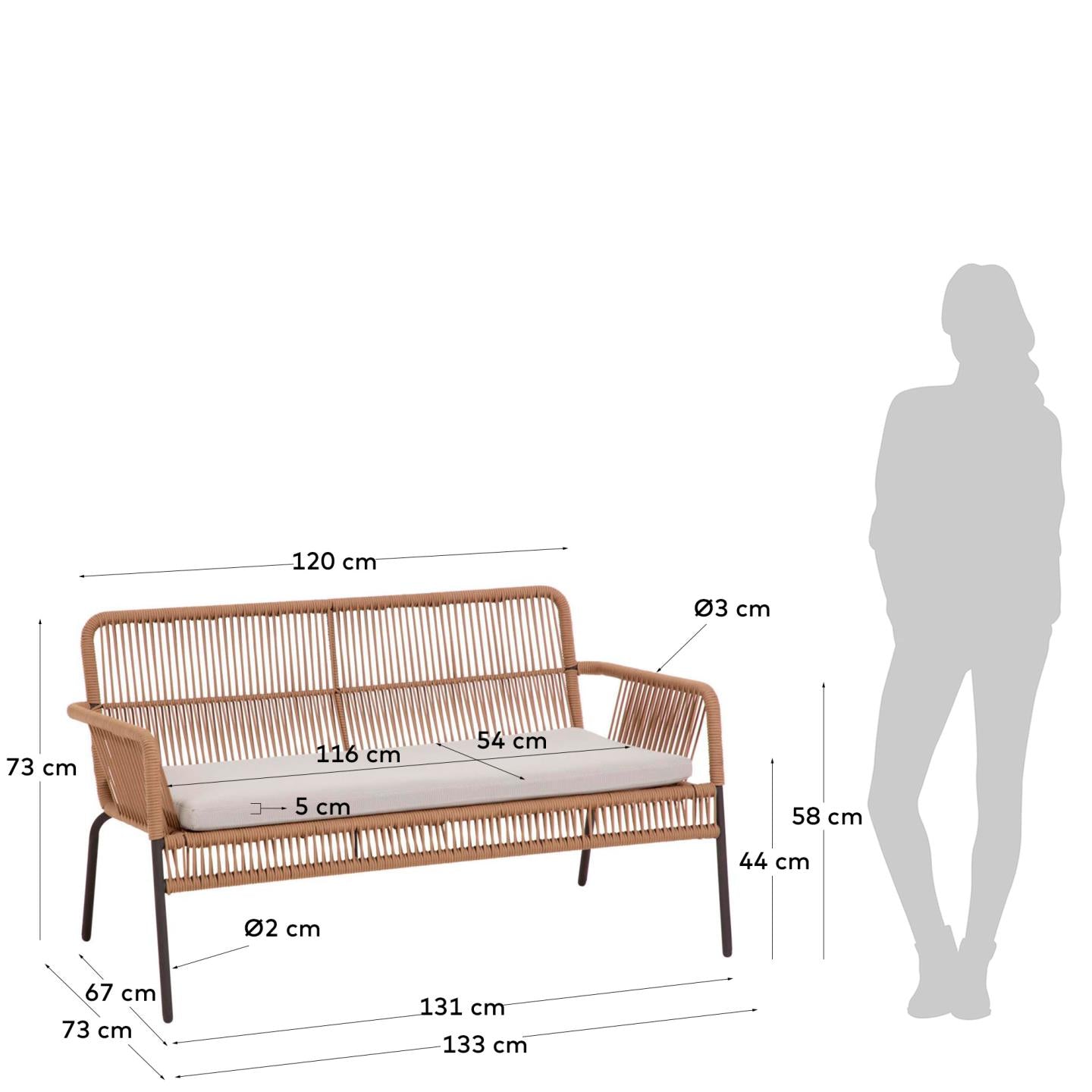 Samanta stapelbares 2-Sitzer-Sofa beiges Seil 133 cm in Beige präsentiert im Onlineshop von KAQTU Design AG. Lounge Sofa ist von Kave Home