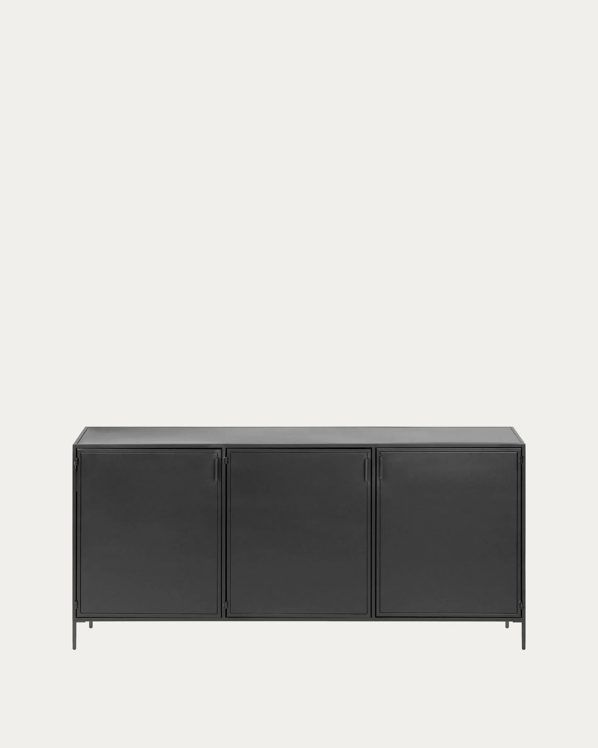 3D-Modell des Shantay Sideboards: Schwarzer Stahl, 160x72 cm, 3 Türen, moderner Industrial Look, großzügiger Stauraum.