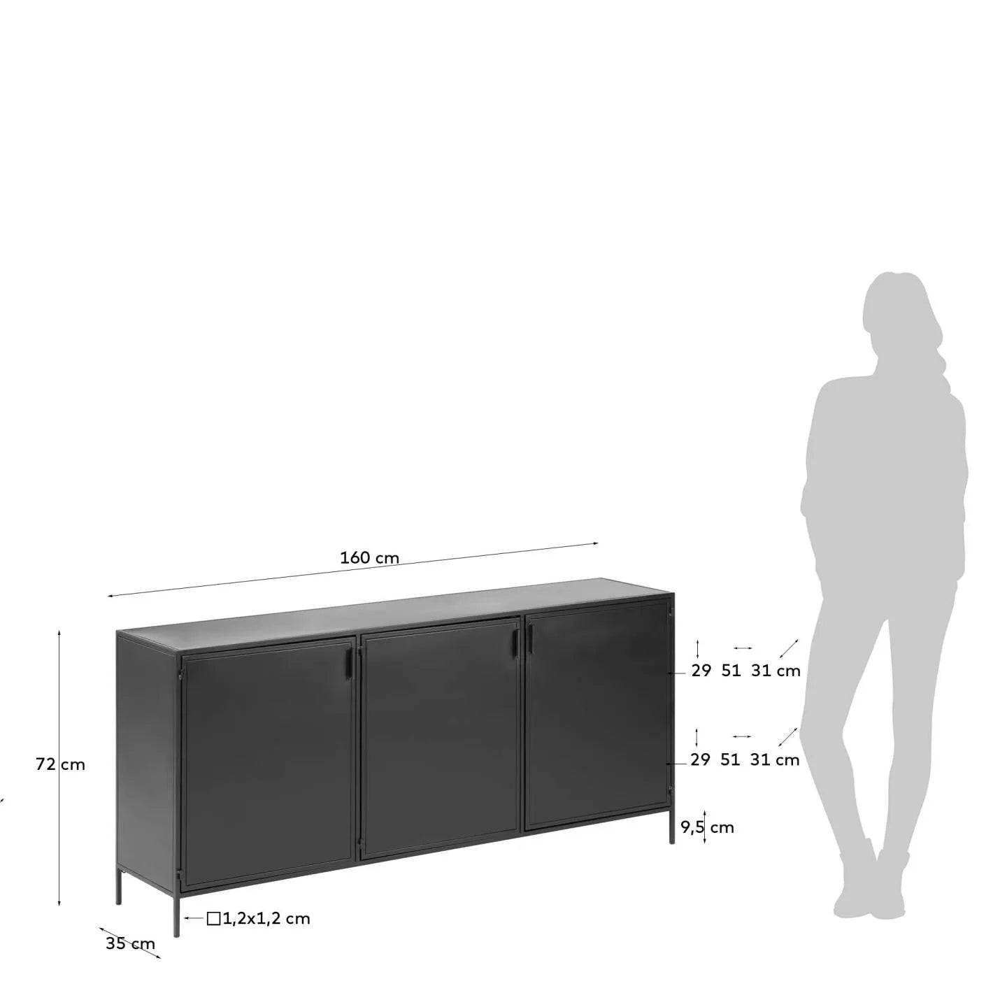 Elegantes Sideboard aus schwarzem Stahl, 160x72 cm, mit 3 Türen. Perfekt für stilvollen Stauraum im Industrial Design.