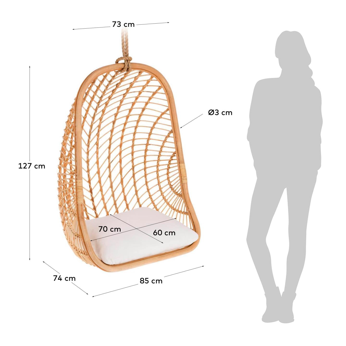 Ekaterina Hängesessel aus Rattan in Natur präsentiert im Onlineshop von KAQTU Design AG. Hängestuhl ist von Kave Home