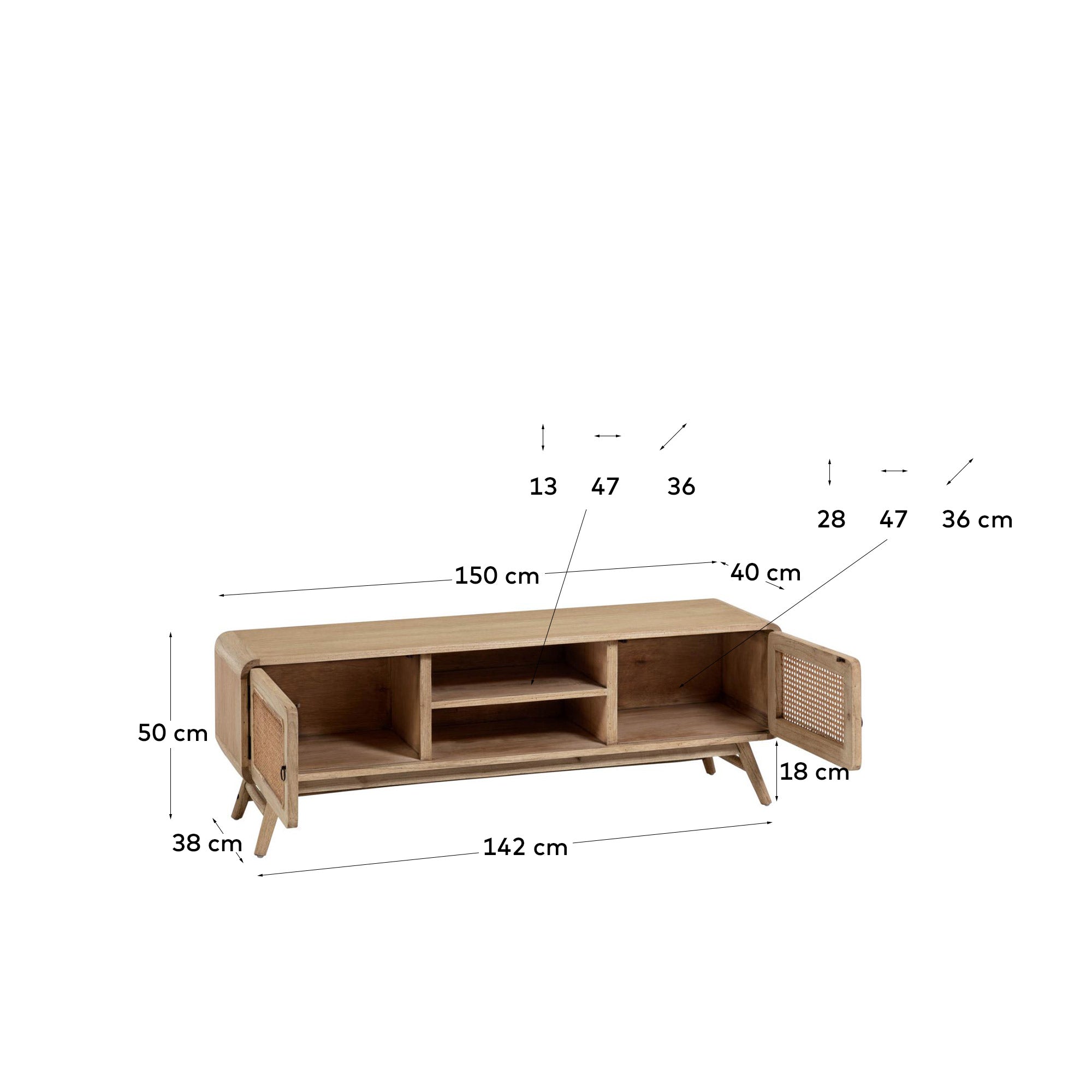 Nalu TV-Schrank 2 Türen aus massivem Mindiholz und Rattan 150 x 50 cm in Braun präsentiert im Onlineshop von KAQTU Design AG. Sideboard ist von Kave Home