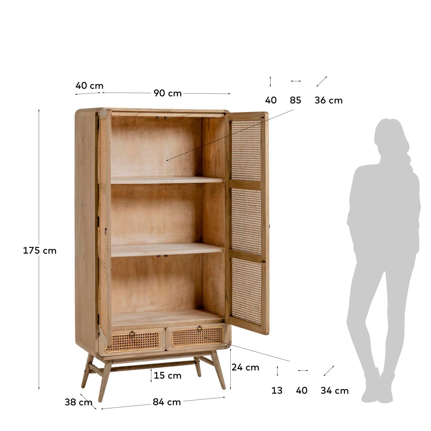 Nalu Schrank aus massivem Mindiholz und Rattan 90 x 175 cm in Braun präsentiert im Onlineshop von KAQTU Design AG. Cabinet ist von Kave Home