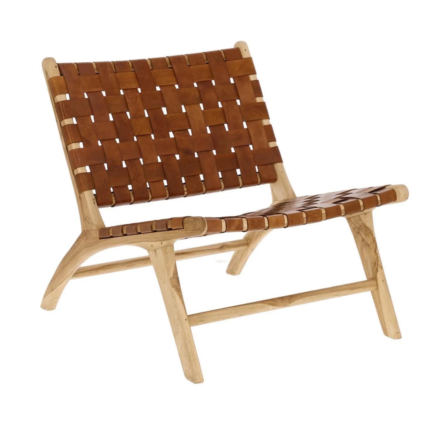 Eleganter Calixta-Sessel aus Teakholz mit handgeflochtenen Lederriemen, einzigartig und umweltfreundlich.