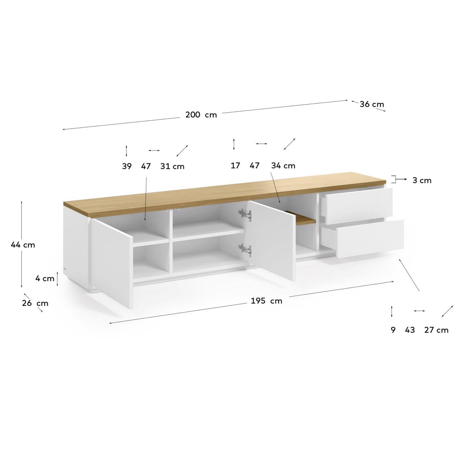 Abilen TV-Schrank 2 Türen 2 Schubladen Eichenfurnier weiße Lackierung 200 x 44 cm FSC 100% in Weiß, Natur präsentiert im Onlineshop von KAQTU Design AG. Sideboard ist von Kave Home