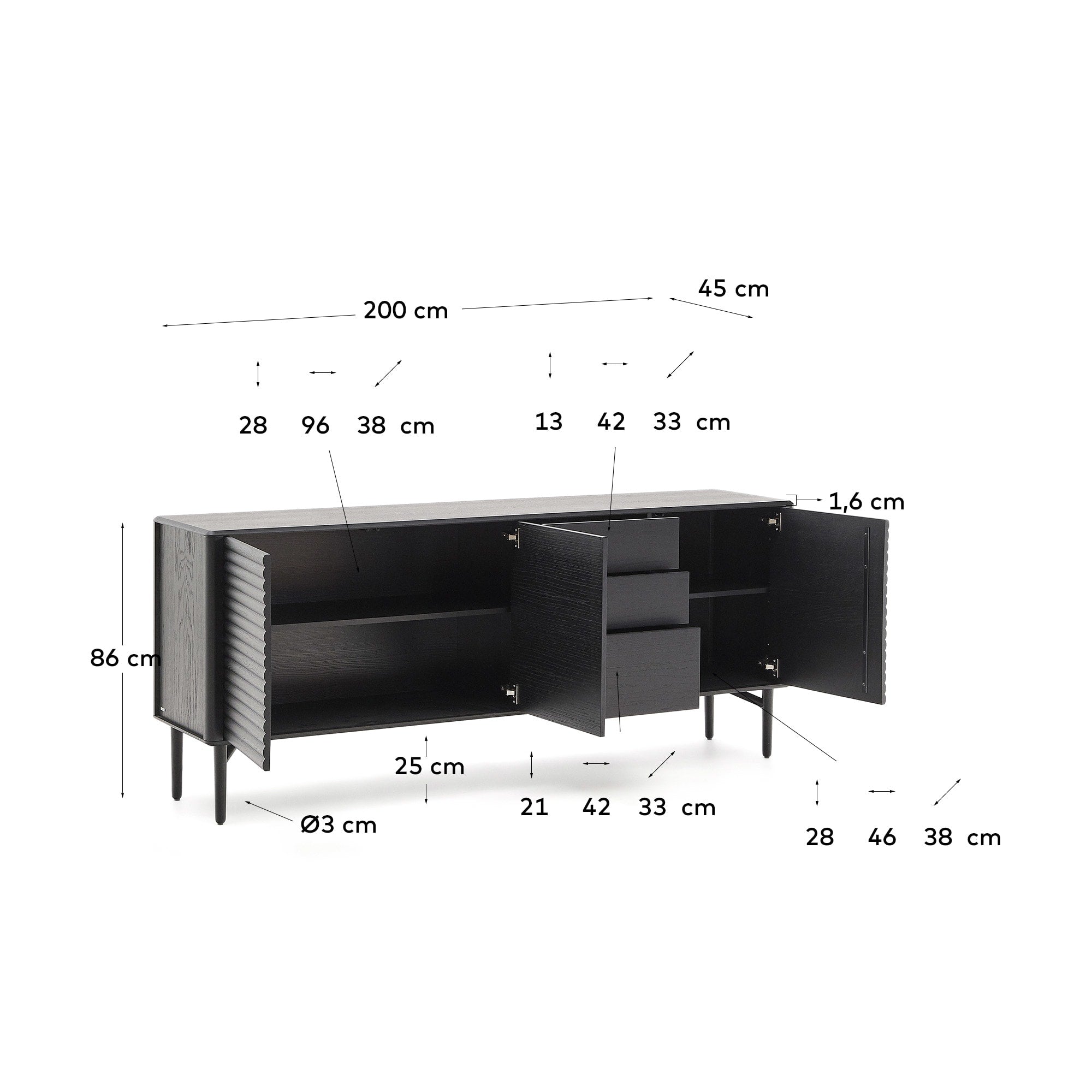 Highboard Lenon 3 Türen 3 Schubladen Eiche massiv und furniert schwarz 200x86cm FSC Mix Kredit in Schwarz präsentiert im Onlineshop von KAQTU Design AG. High-Sideboard ist von Kave Home