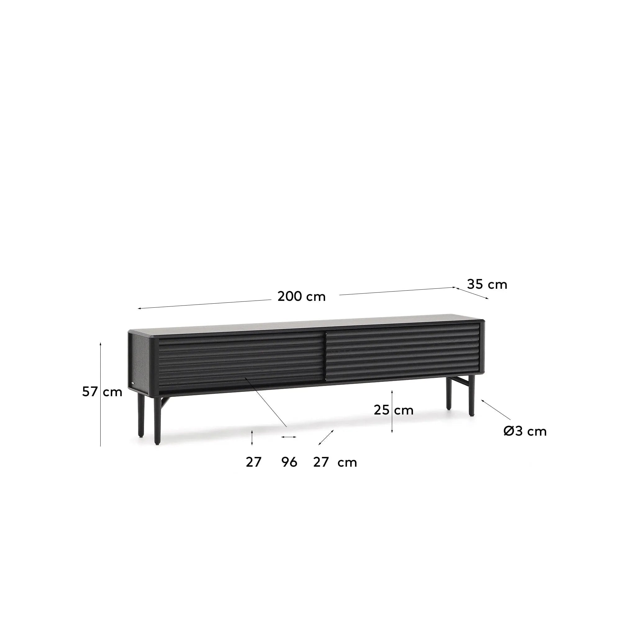 Elegantes TV-Möbel aus schwarzem Eichenfurnier, 200x57 cm, mit 2 Türen für stilvollen Stauraum.