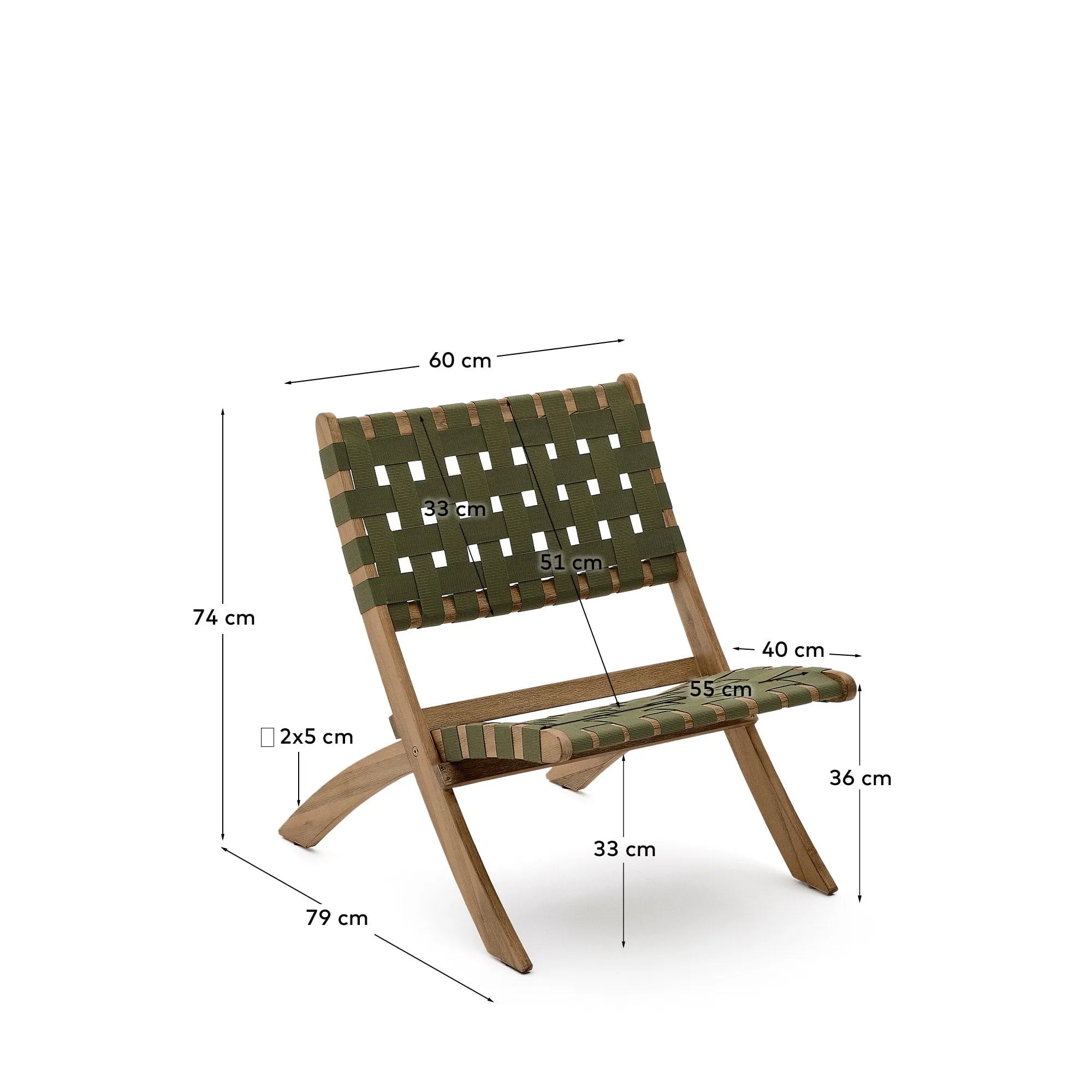 Eleganter Klappsessel aus Akazienholz mit grünem Seilgeflecht, FSC-zertifiziert, ideal für stilvolle Outdoor-Entspannung.