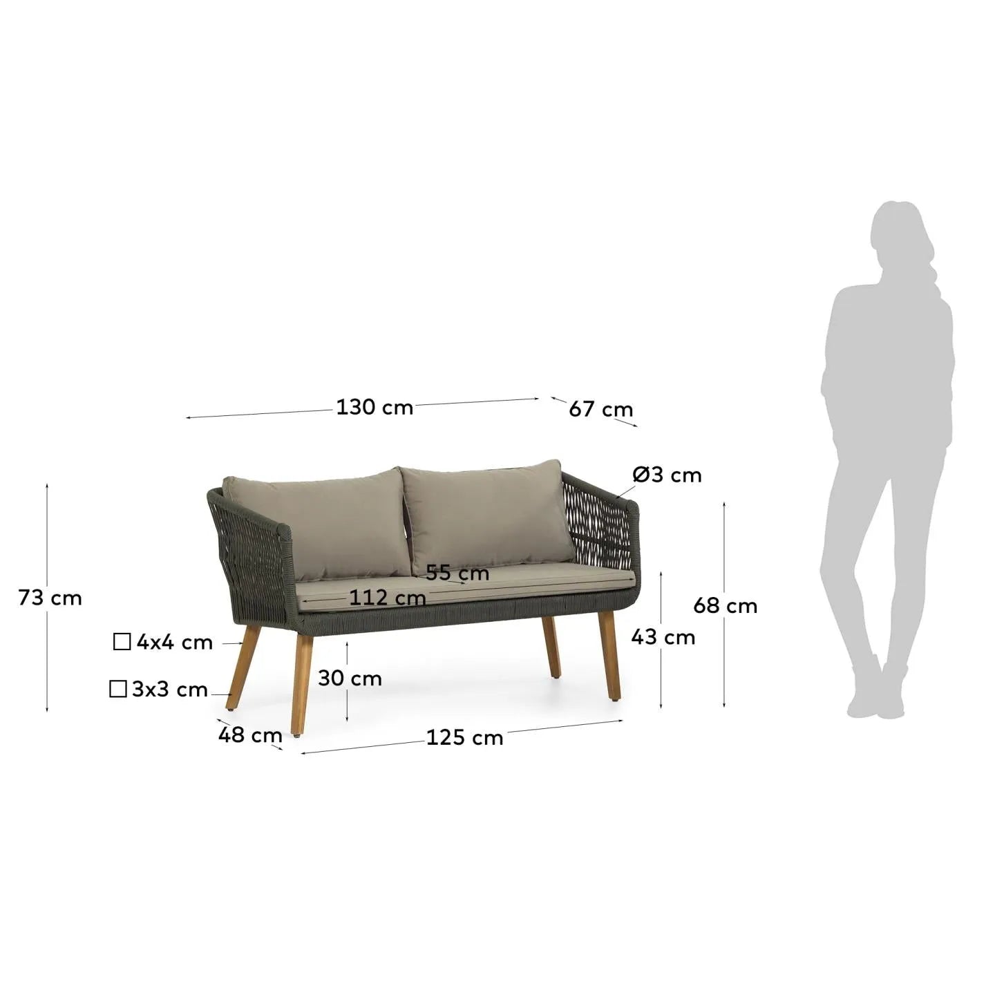 Elegantes Set aus 2-Sitzer Sofa und Stühlen mit grünem Seil, Aluminiumrahmen und FSC-zertifiziertem Holz für stilvolle Entspannung.