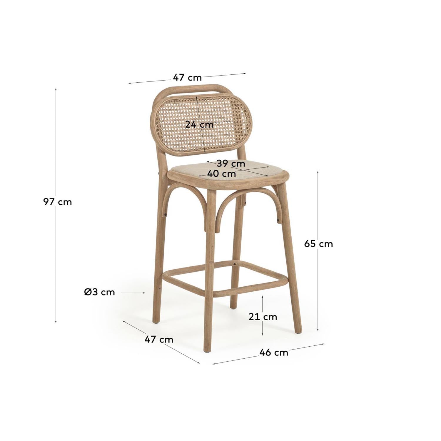 Doriane Hocker massive Eiche naturbelassen mit gepolstertem Sitz 65 cm hoch FSC Mix Credit in Natur präsentiert im Onlineshop von KAQTU Design AG. Hocker ist von Kave Home